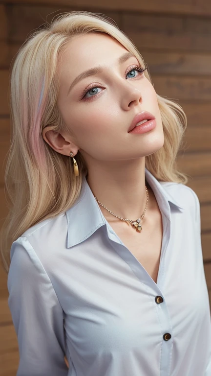 1 29 year old blonde woman with long hair posing for a picture, Beautiful blonde woman, beautiful blonde woman, (She is blushing and making a kissy face1.4), ((Her face is turned upwards:1.3)), Beautiful, well-cared for blonde, 8K Portrait, ((Front view of her from above)), Smooth blond woman, (Slim figure top model:1.2), breast enhancement, (Blonde Swedish woman), ((The blonde&#39;s eyebrows are raised and furrowed.)), ((Heavy breathing)), Glossy long blonde hair, (She's droopy eyes and moist eyes slightly open:1.3), ((she is looking up at the viewer from below:1.2)), ((Her thick plump and shiny half-open lips:1.5)), (Her upper body photo), (A person in the center left and right, The whole head is shown:1.3), (Pastel colored buttoned collared blouse:1.3), (A very simple necklace and very simple earrings), Perfect Makeup