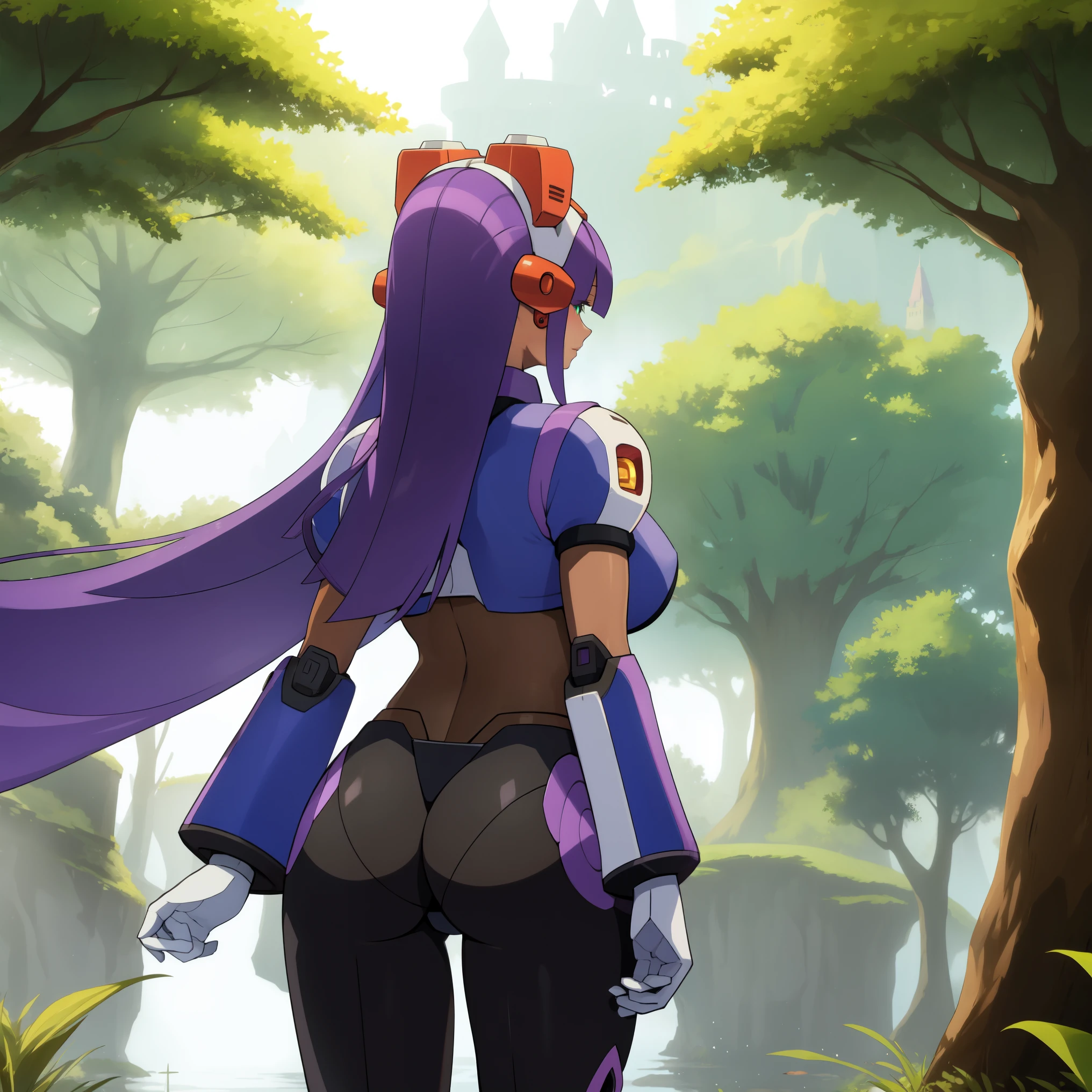layer_megamanx, 1girl, solo, long hair, purple hair, green eyes, blunt bangs, hair over eyes, large breasts, dark skin, dark-skinned female, android, underboob, robot ears, high quality, masterpiece, standing next to a swamp and castle surrounded by mist, outdoors, tree, solo, from behind, bird, facing away, scenery