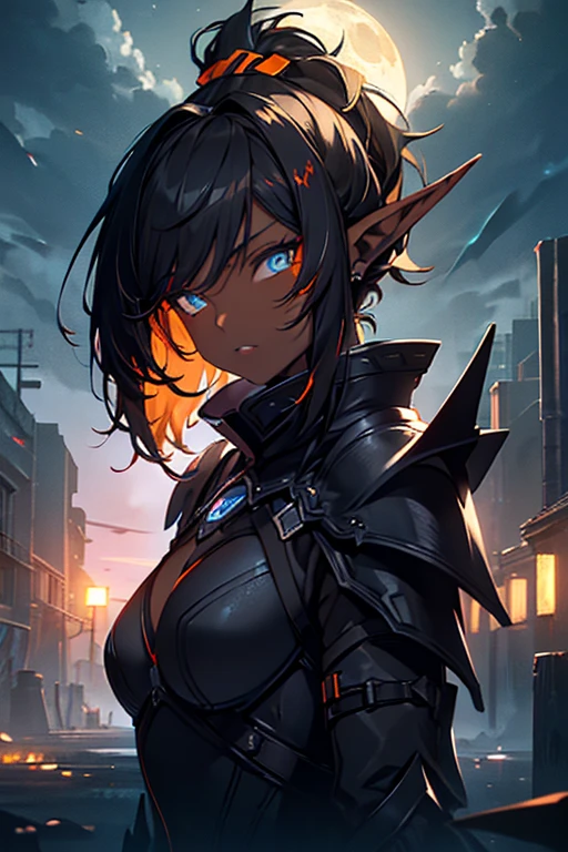 masterpiece, best quality, ((1girl)), (colorful),(finely detailed beautiful eyes and detailed face),cinematic lighting,extremely detailed CG unity 8k wallpaper, sky, cloudy_sky, building, moonlight, moon, night, (dark theme:1.3), light, fantasy, ((Blue Eyes)) ((Dark Skin)) ((Elf Ears)) (((Tribal Black clothes with Orange Accents))) (((Long Straight Black Hair with Ponytail))) ((Matriarch)) ((Mettalic Gauntlets)) ((Armor))