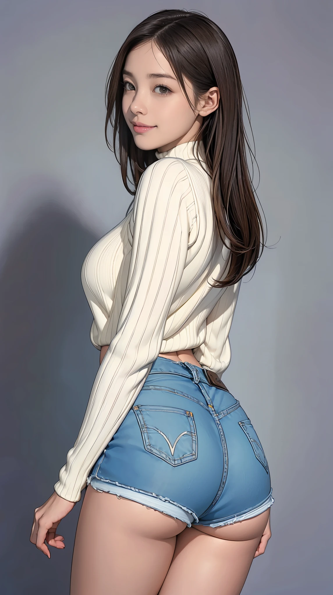 8k, RAW Photos, highest quality, masterpiece, Realistic, Photorealistic, (1 Ultimate beauty), middle aged, Highly detailed face, (Perfect Teeth), Detailed eyes, double eyelid, eyelash, Grin, Lip details, brunette bob, Big Breasts ,Round ass, (White long turtleneck sweater), ((Denim shorts, Dolphin Shorts)), Cowboy Shot, Koen-dori in Tokyo, Soft Light, ((Written boundary depth))
Proceed with caution,((13-year-old girl)), (((slim, Narrow waist, Thin thighs, Thin arms))), (((Rear View, Realistic buttocks, Very small ass, retrospective diagram)))