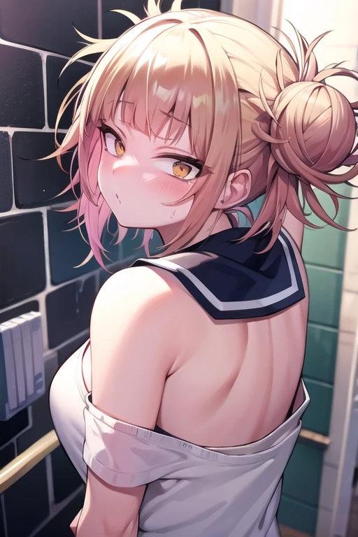 in 8K、top-quality、masterpiece、ultra-detailliert、Ultra-high resolution、Anime style、((1 persons))、girl with、being hit in the shower、posterior view、white t-shirts、turned around、bare shoulders、wetting hair、wetted skin、water dripping、pov from down、Red face、suprised