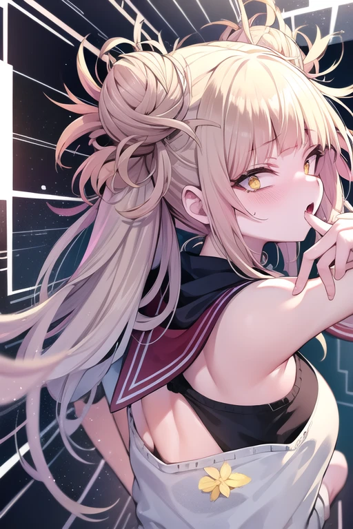 in 8K、top-quality、masterpiece、ultra-detailliert、Ultra-high resolution、Anime style、((1 persons))、girl with、being hit in the shower、posterior view、white t-shirts、turned around、bare shoulders、wetting hair、wetted skin、water dripping、pov from down、Red face、suprised