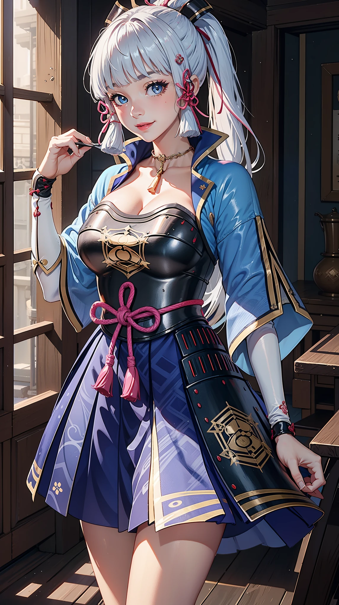 Kamisatoayakadef, slim body, blush, official art, night, detail eyes, cg, smile, dynamic poses, huge breast, (sitting:1), bedroom