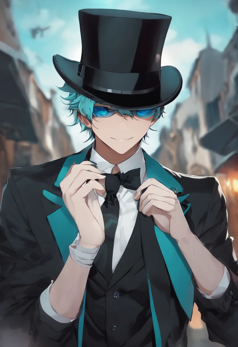 1boy, solo, kurofuku, necktie, male focus, black suit, upper body, black pants,inky body,cyan eye,grin, wearing a top hat, mystery being, sunglasses