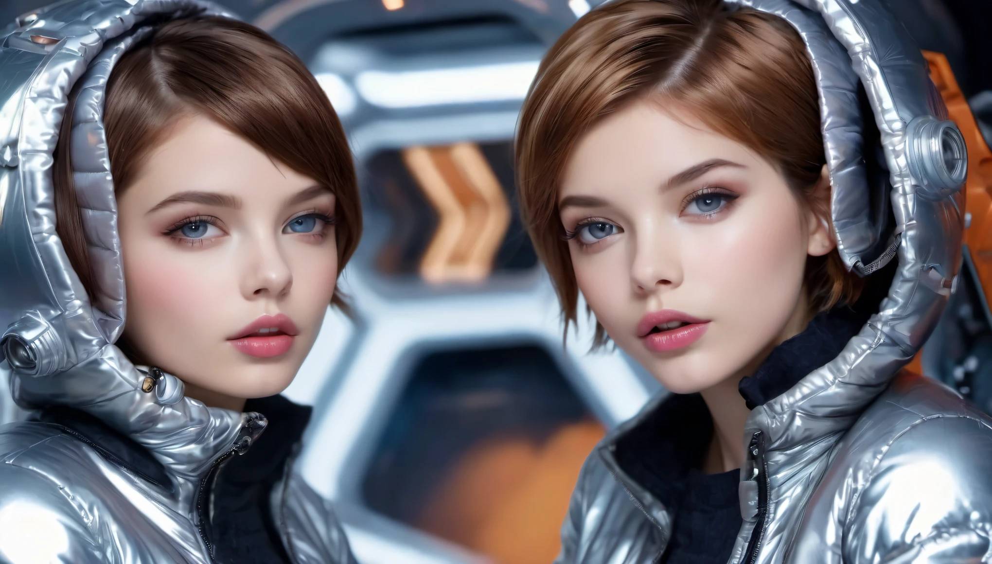 Masterpiece, Best Quality, ((two cute girls in open shiny puffer, no makeup, small perky breasts, extremely detailed face, beautiful detailed eyes, beautiful detailed lips, short colored pixie hair, small hips, fearfull expression, enticing, in a spaceship))