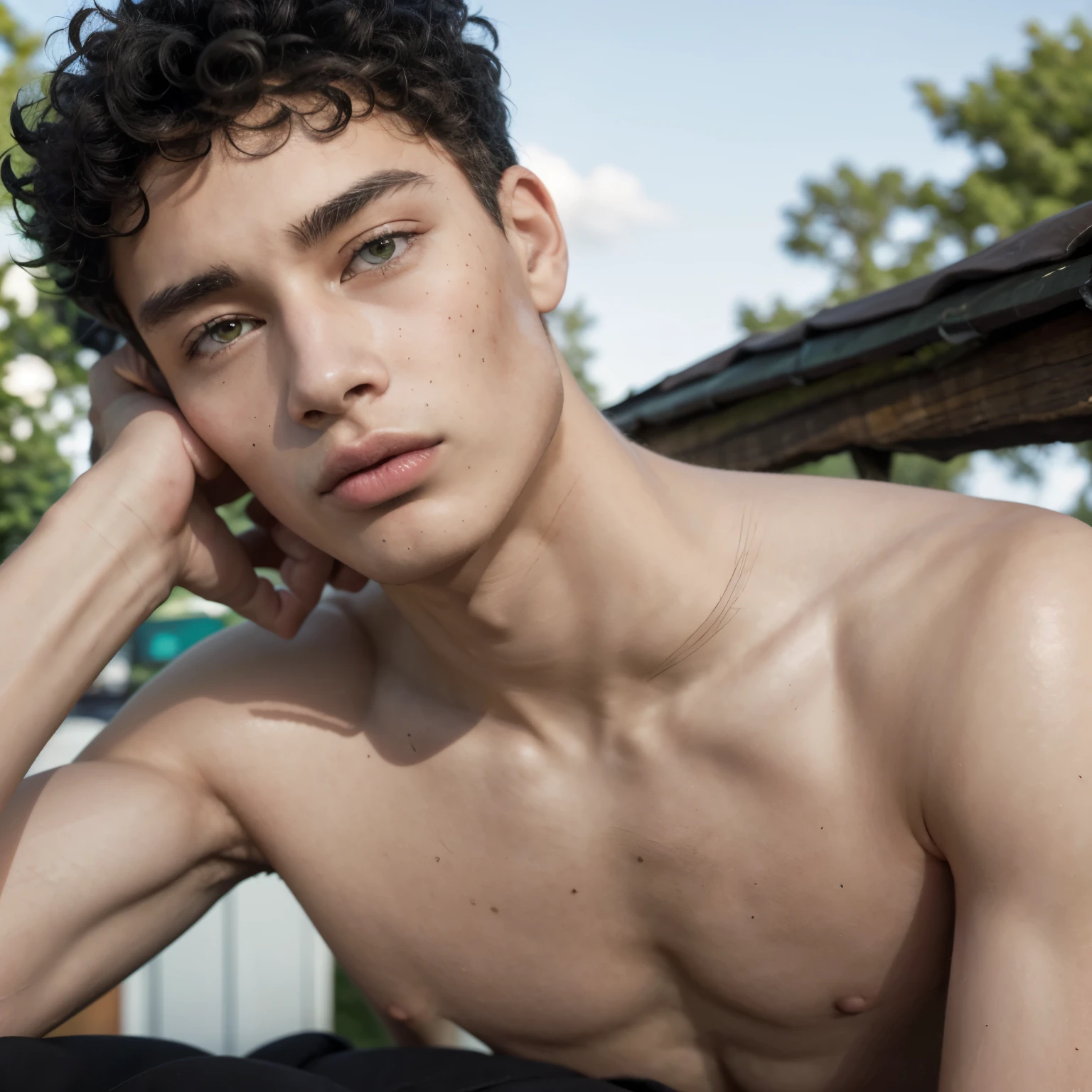 candid closeup photo of charming 19-24 year old male supermodel, reminiscent of a mix between Asian male supermodel, ((hazel green eyes)), prince-like smile, angel face with natural freckle:0.2, short buzz hair, skin head hairstyle, (plastic-like skin:0.25), symmetric face With a natural tan skin,  pastel tone, he embodies youthfulness, athleticism, and he exudes a unique allure, exotic face,[[--no abs]], ((place at cottage home garden with wild colorful flowers)), ((wearing luxury cloth from Christian Dior Men's Collection by Kim Jones)), (earth tone and pastel colors), casual-elegance look, new modern accessories, ((backdrop of the vibrant scenery)), Captured in a full-body, natural and relax pose with dynamic angle, the focus of the photo is on his captivating presence and the intricate details of the surroundings, he photo is taken with a Canon RF 24-70mm f/2.8 L IS USM Lens, natural light, by Timothy Walker, Employing three-point lighting and incorporating 3D animation shadows enhance the models' features and add depth to the composition. The layering and arrangement of body parts and surrounding objects are carefully considered to ensure a flawless composition. Ultimately, this masterpiece celebrates the beauty of the male form and invites viewers to immerse themselves in a world of sophistication and charm, with its seductive lighting, intricate details, and romantic atmosphere.