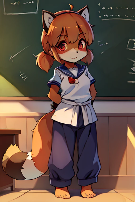 2 females, fox and raccoon, Furry, Beastman, animal hair, tail, Sailor suit, Short sleeve, Jersey pants, Long trousers, gloves, barefoot, School, 