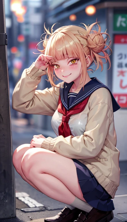 1girl in、A smile、The shirt、skirt by the、(small tits)Chilarism、Japan High School Student Uniform、serafuku、summer clothing、Squall Drenched Uniform、(Sheer Bra)、Upper body portrait、light cream hair、Squatting panchira、