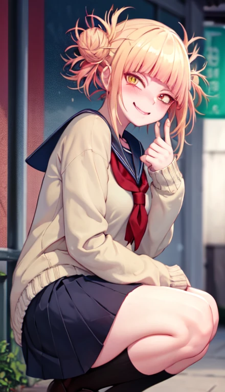 1girl in、A smile、The shirt、skirt by the、(small tits)Chilarism、Japan High School Student Uniform、serafuku、summer clothing、Squall Drenched Uniform、(Sheer Bra)、Upper body portrait、light cream hair、Squatting panchira、