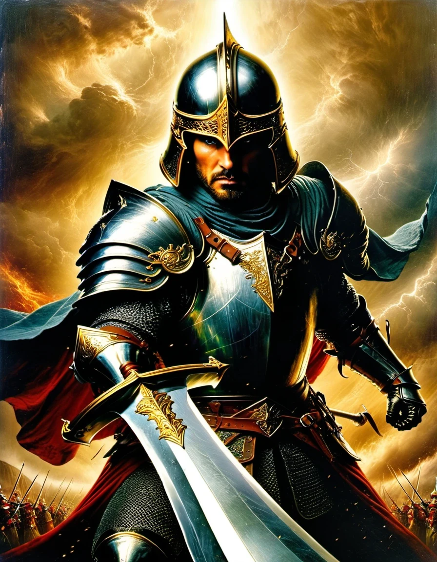 in style of movie poster design, （Sword bearer：1.3），（Great Sword），(a close-up,high quality,32k),[sword],[knight],[armor],[detail:1.2],(gold),(steel),(sharp),(shiny),(ornate),(intricate),[helmet],(leather gloves),[focused],[determined],[heroic],[stern expression],(medieval),(fantasy),(commanding pose),[elaborate background],(dramatic lighting),(stormy atmosphere),(storm clouds),(majestic),(powerful),(intense),(imposing),(gazing into the distance，)beautiful detailed，
