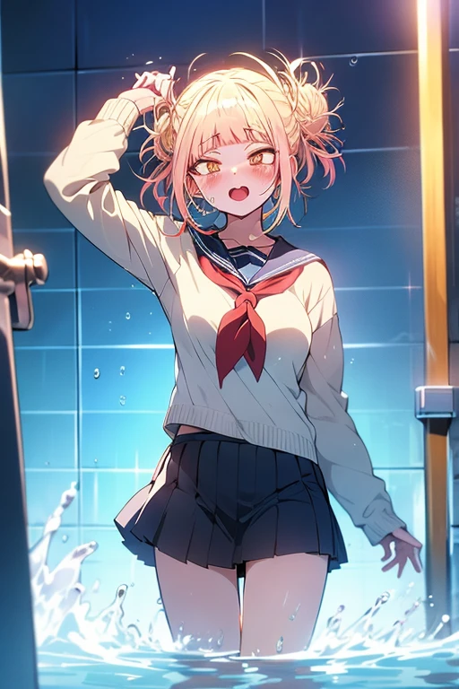 1 Girl、blush, smile, White panties, Madoka, Black Skirt, Short Twin Tails, Pink Hair, ((Flat Chest, thin)), thin脚, View your viewers, whole body, break indoors, Raise your hand、Lift your legs、School swimming pool, summer、(Lots of water)、Wet、((((Skirt gets pulled))))、((In the water))、(((Transparent pool))), Water Play、break (masterpiece:1.2), Highest quality, High resolution, unity 8k wallpaper, (shape:0.8), Highly detailed face, Perfect lighting, Extremely detailed CG、bubble、(White underwear)、(full skirt)、cute、blush、Watery eye