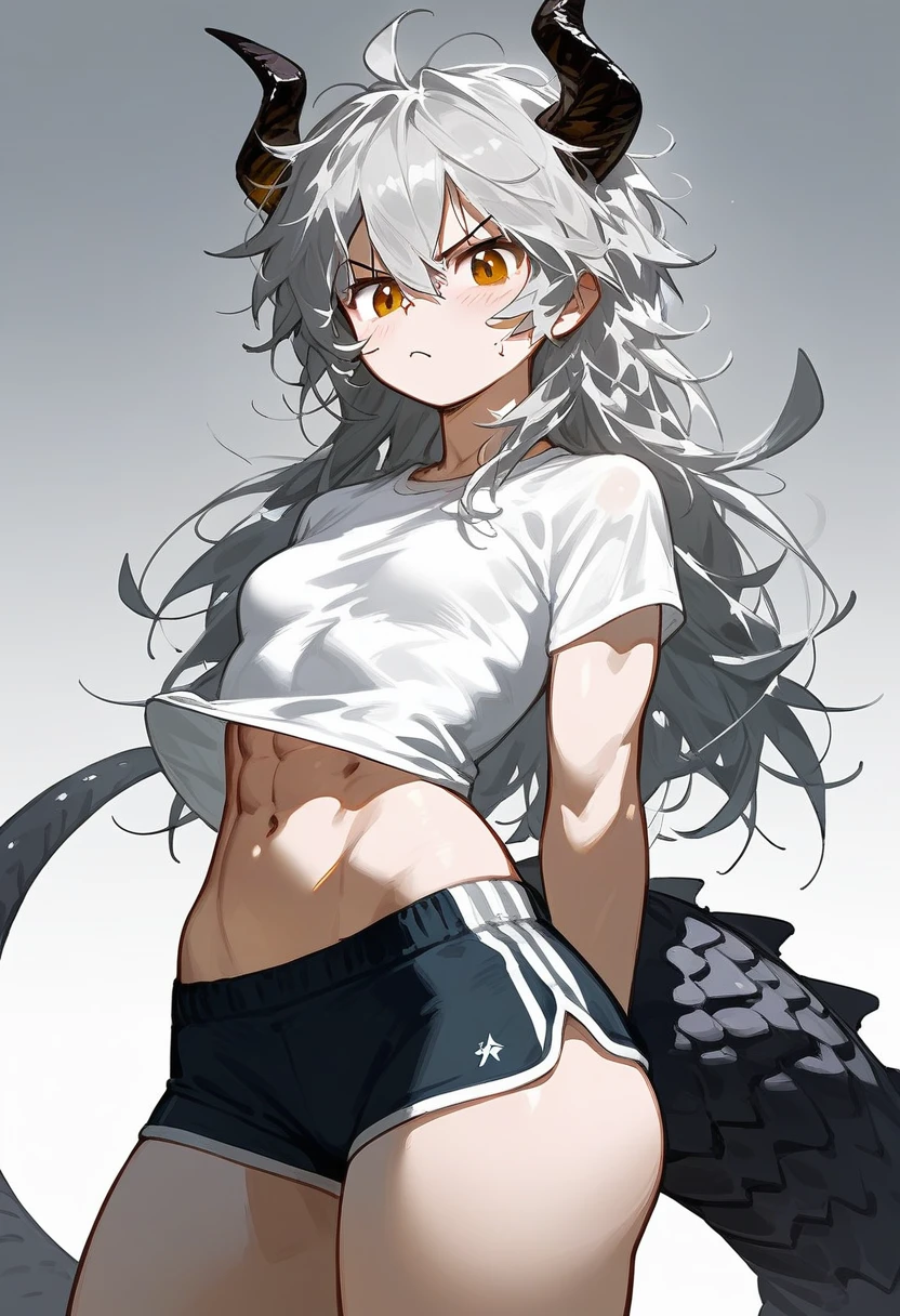 score_9, score_8_up, score_7_up, score_6_up, score_5_up, BREAK source_anime, rating_questionable, 1girl, , small breasts, gray hair, long hair, messy hair, amber eyes, blush, angry, black horns, crop t-shirt, boxers, big ass, wide hips, thick thighs, black dragon tail, abs,