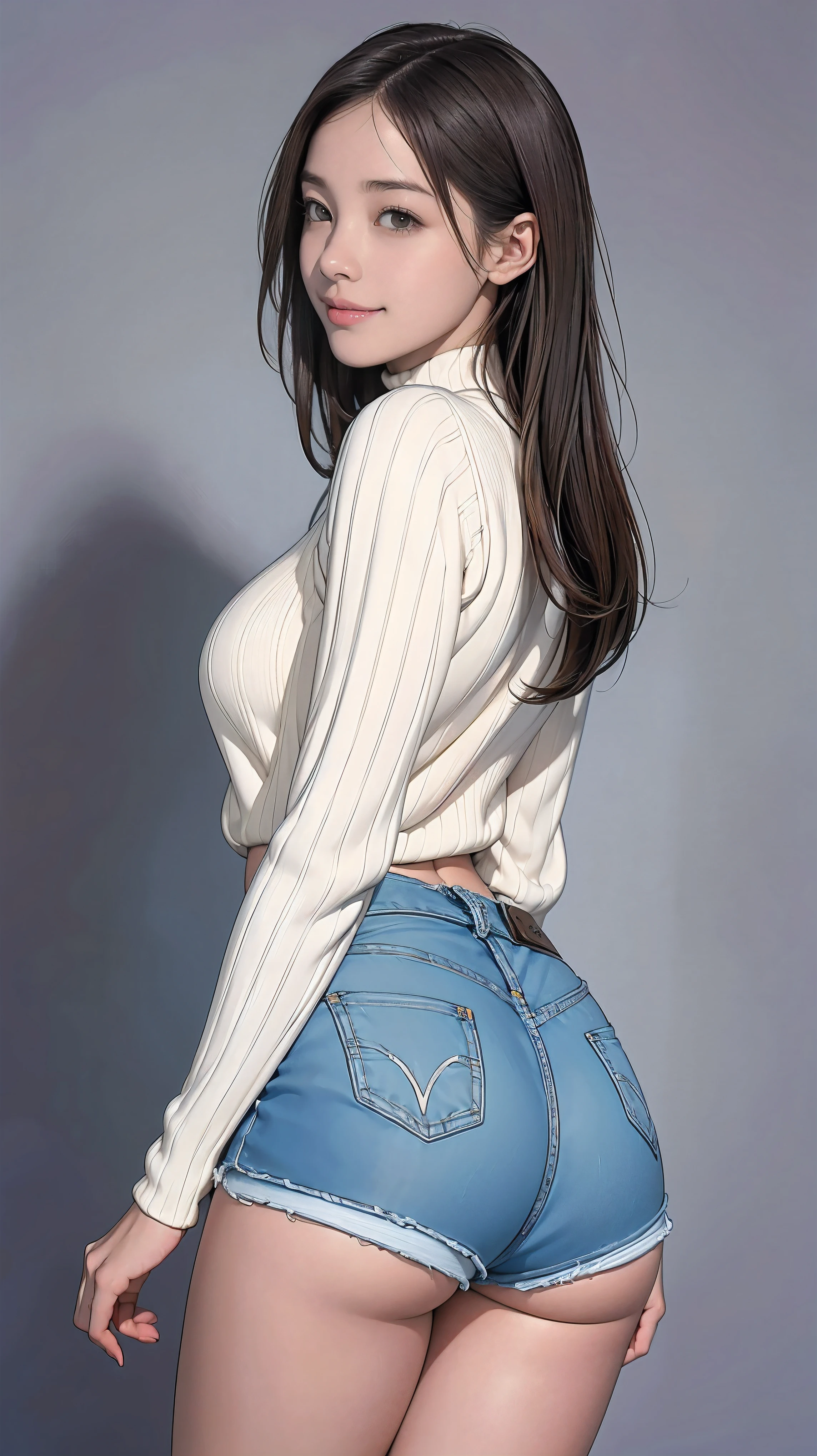 8k, RAW Photos, highest quality, masterpiece, Realistic, Photorealistic, (1 Ultimate beauty), middle aged, Highly detailed face, (Perfect Teeth), Detailed eyes, double eyelid, eyelash, Grin, Lip details, brunette bob,  ,Round , (White long turtleneck sweater), ((Denim shorts, Dolphin Shorts)), Cowboy Shot, Koen-dori in Tokyo, Soft Light, ((Written boundary depth)) 

Proceed with caution，((13-year-old girl)), (((slim, Narrow waist, Thin thighs, Thin arms))), (((Rear View, Realistic , Very small , retrospective diagram)))