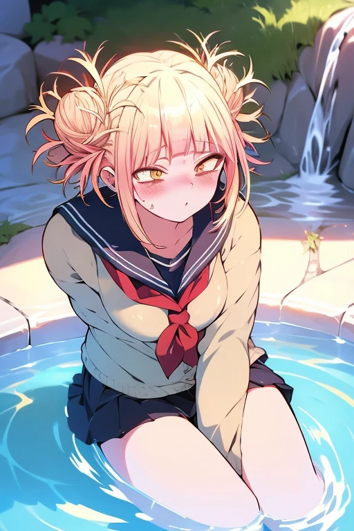 in 8K、top-quality、masterpiece、ultra-detailliert、Ultra-high resolution、Anime style、((1 persons))、girl with、being hit in the shower、posterior view、white t-shirts、turned around、bare shoulders、wetting hair、wetted skin、water dripping、pov from down、Red face、suprised