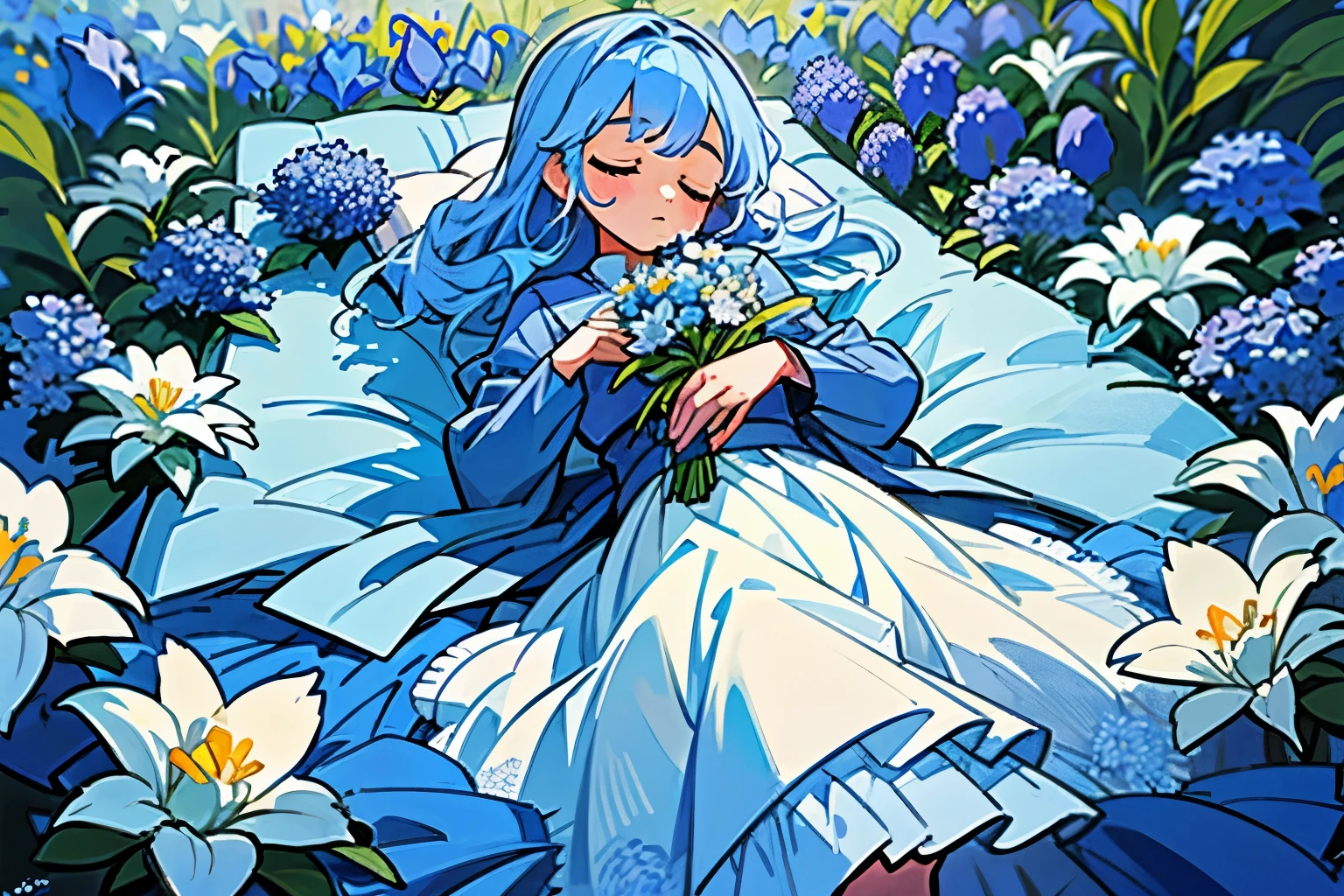 A girl is sleeping on her back、Buried in lots of blue flowers、holding a bouquet of white flowers、Hands are on chest