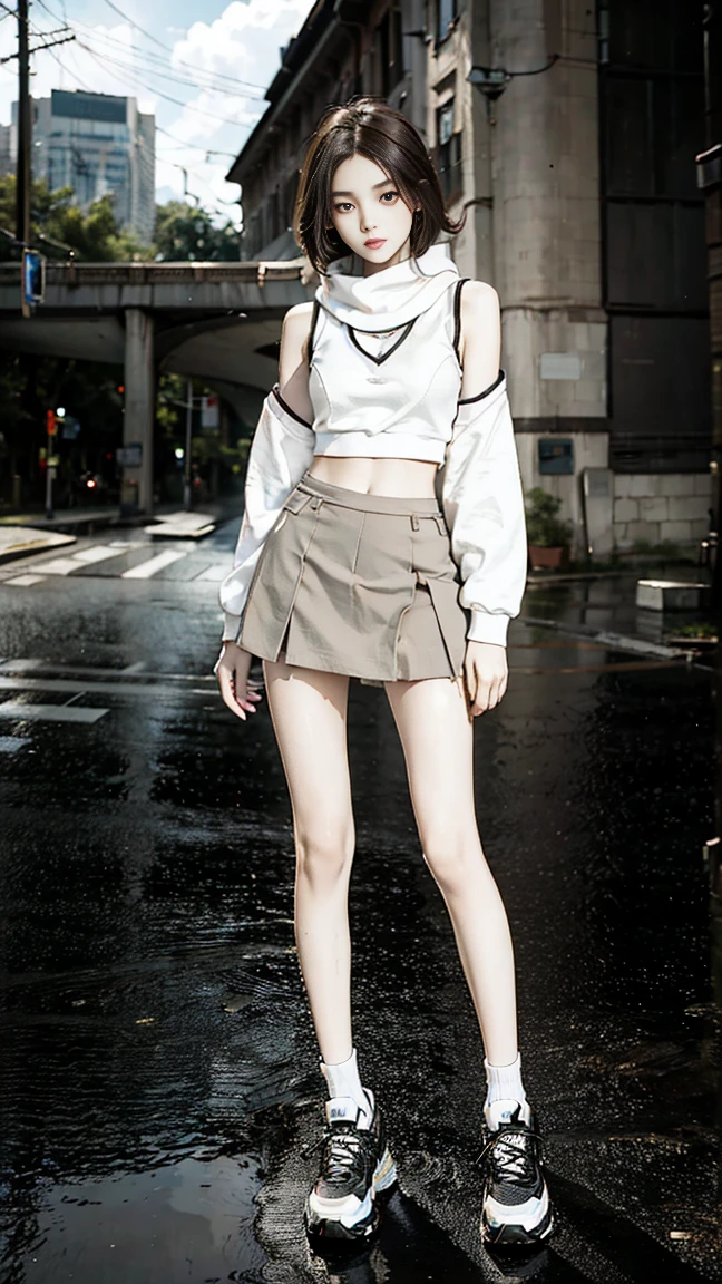 masterpiece，best quality，girl，15 years old，schoolgirl，Height 167cm，Weight 38kg，Waist 53cm，Medium breasts，Hips 80cm，Thigh circumference 38cm，Calf circumference 27cm，Vest line，Brown hair shawl，White skin，thin，Skinny，Thin waist，thin legs，slim：1.5，Pure，Waist revealing sweatshirt，miniskirt，White socks，sports shoes，whole body，Standing，outdoor