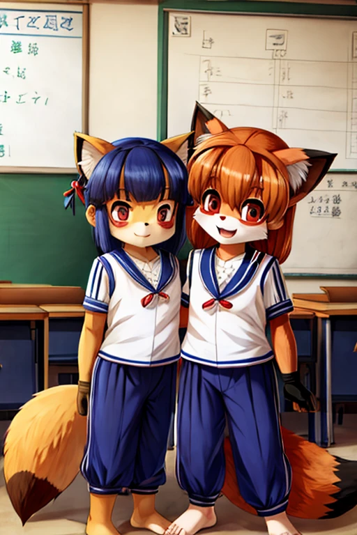 2 females, fox and raccoon, Furry, Beastman, animal hair, tail, Sailor suit, Short sleeve, Jersey pants, Long trousers, gloves, barefoot, School, Primary school students