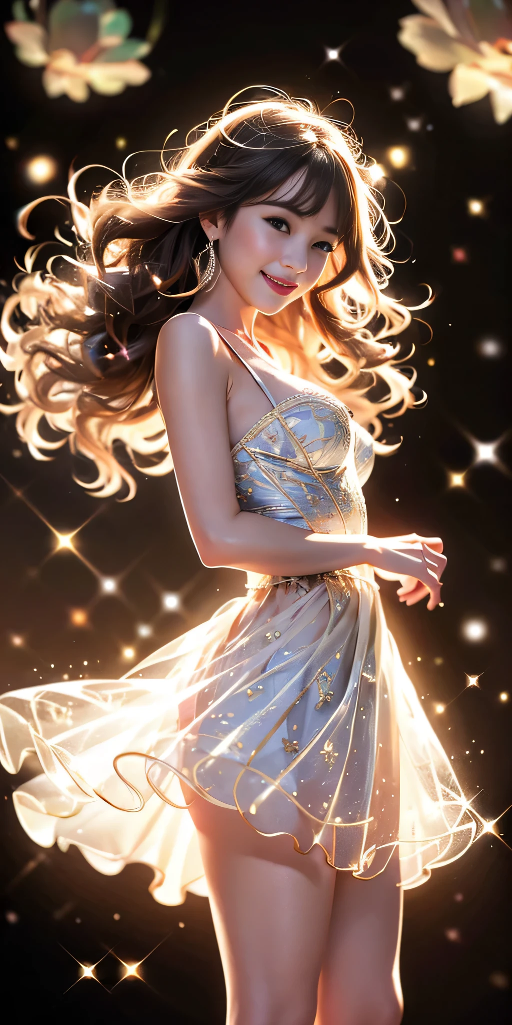 (masterpiece:1.3)、最high quality、Ultra-high resolution、(masterpiece、high quality:1.2)、(Sharp Focus)、(Photorealistic:1.4)、bail_particle,bail_OK,line of light,Light particles,A girl made of particle,The density of OK at the finger part is high,(Gray Hair:0.3)、1 girl、UHD、35mm、rtx on、masterpiece、135mm IMAX、Queen of Southeast Asia、Beautifully designed red dress、Yellow embroidered mini dress、(Cowboy Shot)、Alluring、sexy、Skin irregularities、Learn more about skin、Beautiful face、A detailed and perfect face、even and large eyes、A gentle smile、Perfect proportions、Big Breasts、Big Breasts細いウエスト、Big Ass、Sexy thick thighs、Great light、Beautiful lighting、Curly long hair、Brown Hair、Blunt bangs、Lace fabric、Sexy catsuit、Gorgeous Accessories、Knee-high socks、Fair skin、smile、cute smile、