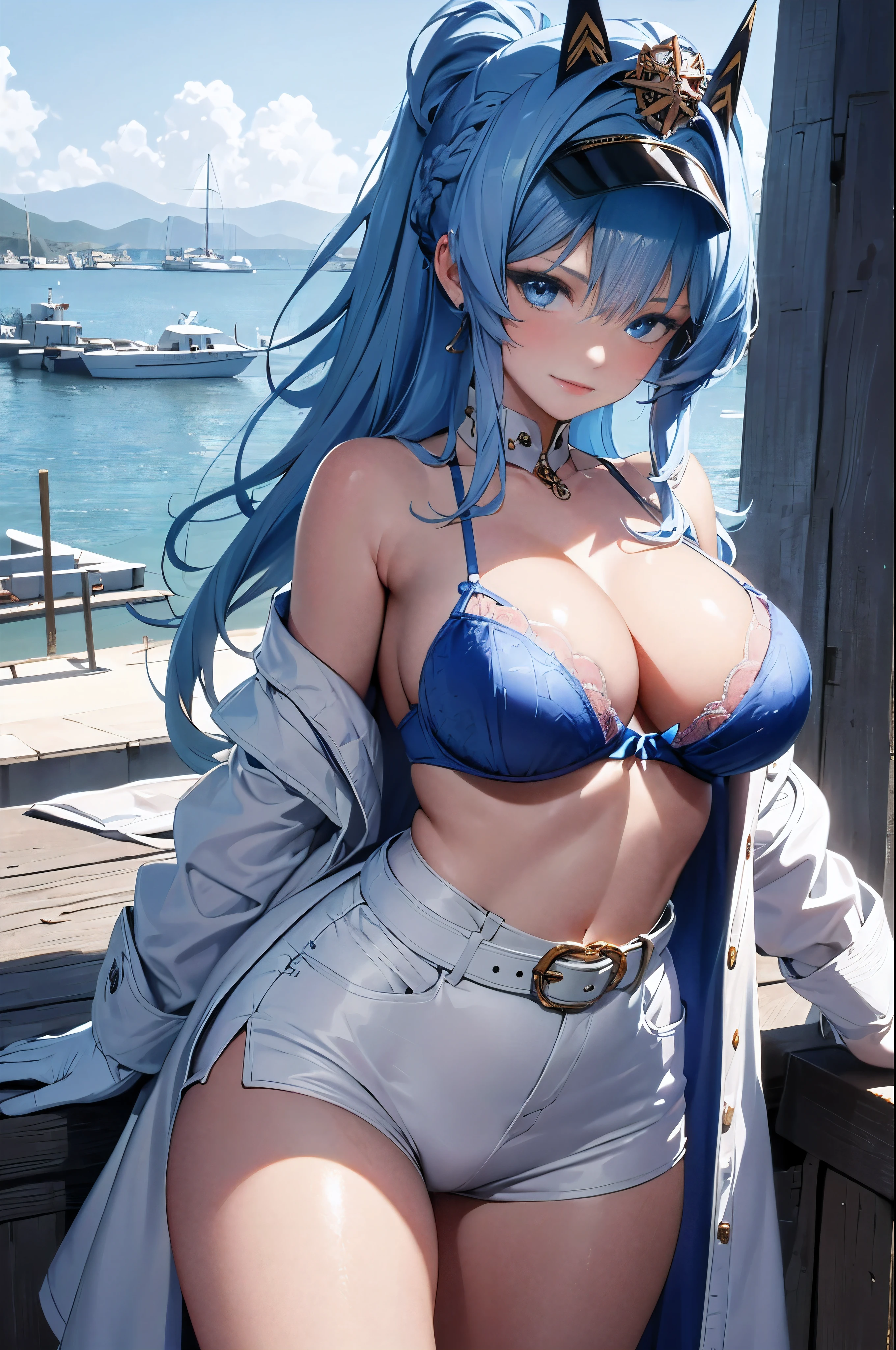 ((anime girl)), best quality, expressive eyes, perfect face, (masterpiece), best quality, perfect face, ((best quality)), ((an extremely delicate and beautiful)), perfect eyes, perfect body, ((details pupils)), ((synmetry eyes)), beautiful eyes, ((blue eyes)), (large breasts),(wide hips), thick thighs, shiny skin, soft skin, ((ponytail)), clean skin, absurdres, (masterpiece),(ultra-detailed:1.2),(highres),elaborate, cowboy shot,1girl, helm, blue hair, long hair, bangs, hair intakes, military hat, hairband, military uniform, buttons, aiguillette, epaulettes, white coat, armband, white belt, white gloves, white shorts, simple background , smile , (the background of a harbor), deatailed background , (be undone), (bare shoulders) , (undressed) , (white bra)