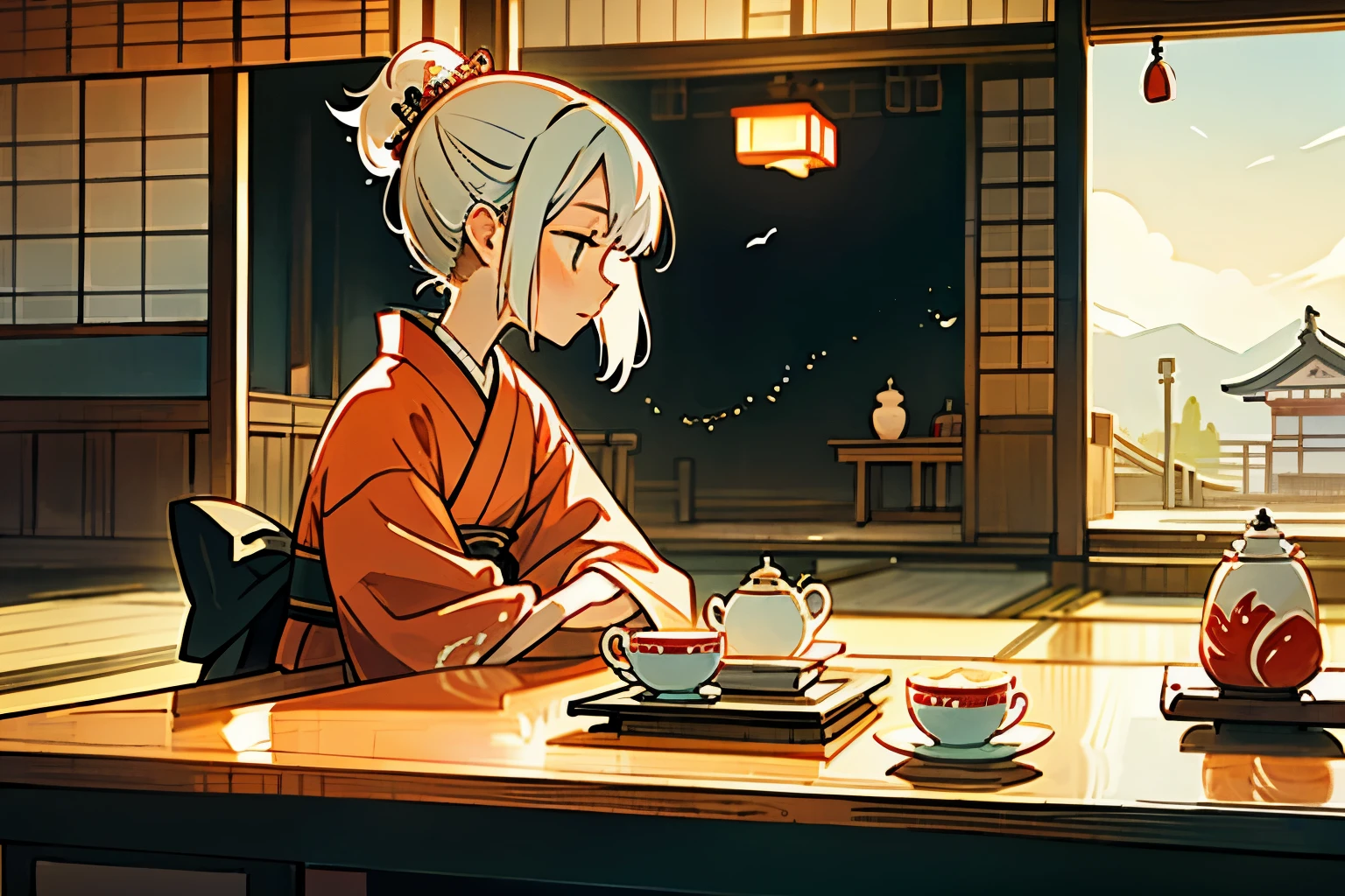 A woman wearing a kimono、Sitting upright、Have a teacup、Looking out、There are Japanese sweets on the desk.、Looks lonely、Beautiful wall hangings、Japanese-style house