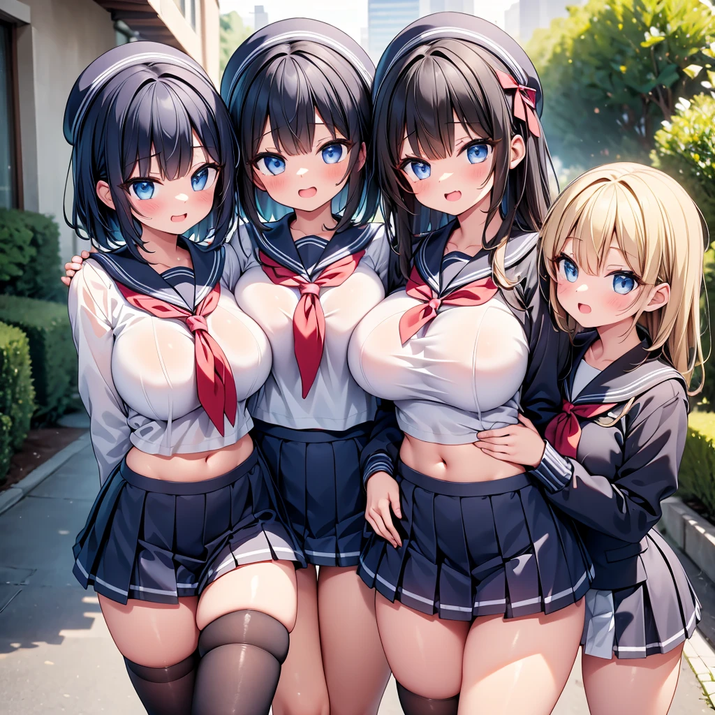 highest quality,wonderful,finely,extremely detailed CG Unity 8K wallpaper, (Stand in line:1.2), (3 girls, cute eyes, sailor uniform, clothed), (huge breasts), (open mouth:1.1), (long tongue:1.1), (mouth drool:1.1), (black stockings:1.1),(Thighs:1.3),(Waistline:1.3)