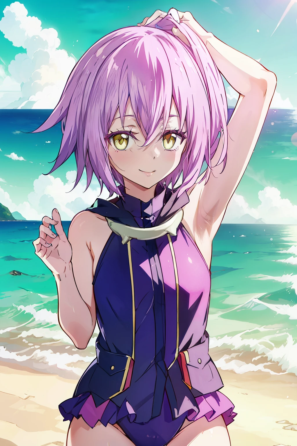 Ultima、Good looking girl (blush, Perfect Face), independent , Looking at the camera, masterpiece, Anime art style, Cute Characters, Most detailed, high quality、Nico Nico Smile、Swimwear、Coming to the sea、Showing armpits