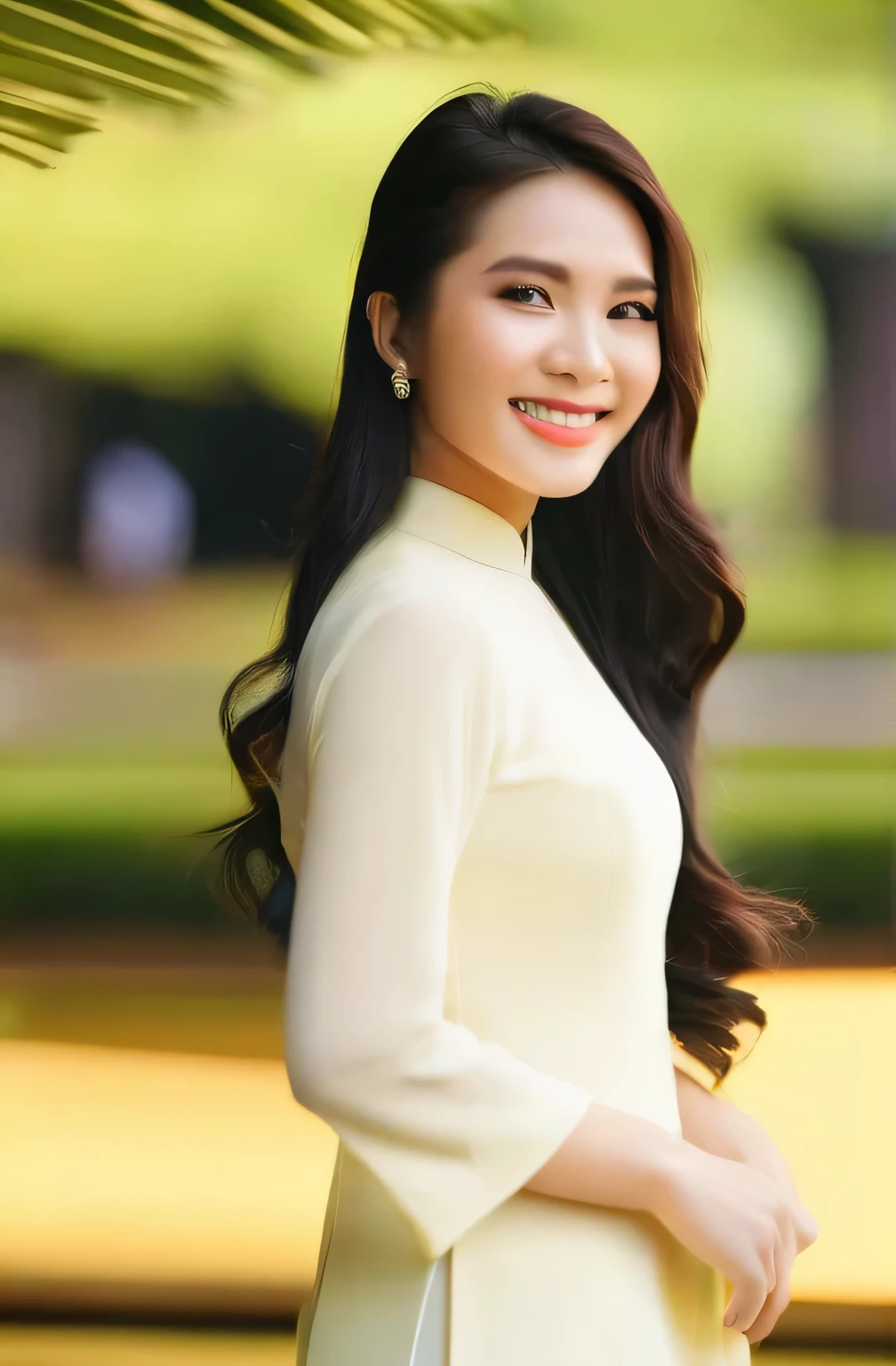 (Masterpiece, best quality, ultra realistic,32k, RAW photo, detail skin, 8k uhd, dslr, high quality, film grain:1.5),1girl, white ao dai, pants,  long hair, looking at viewer, smile, black hair, long sleeves, dress, jewelry, standing, flower, earrings, outdoors, white dress, blurry, black eyes, blurry background, realistic, 16mm film live soft color