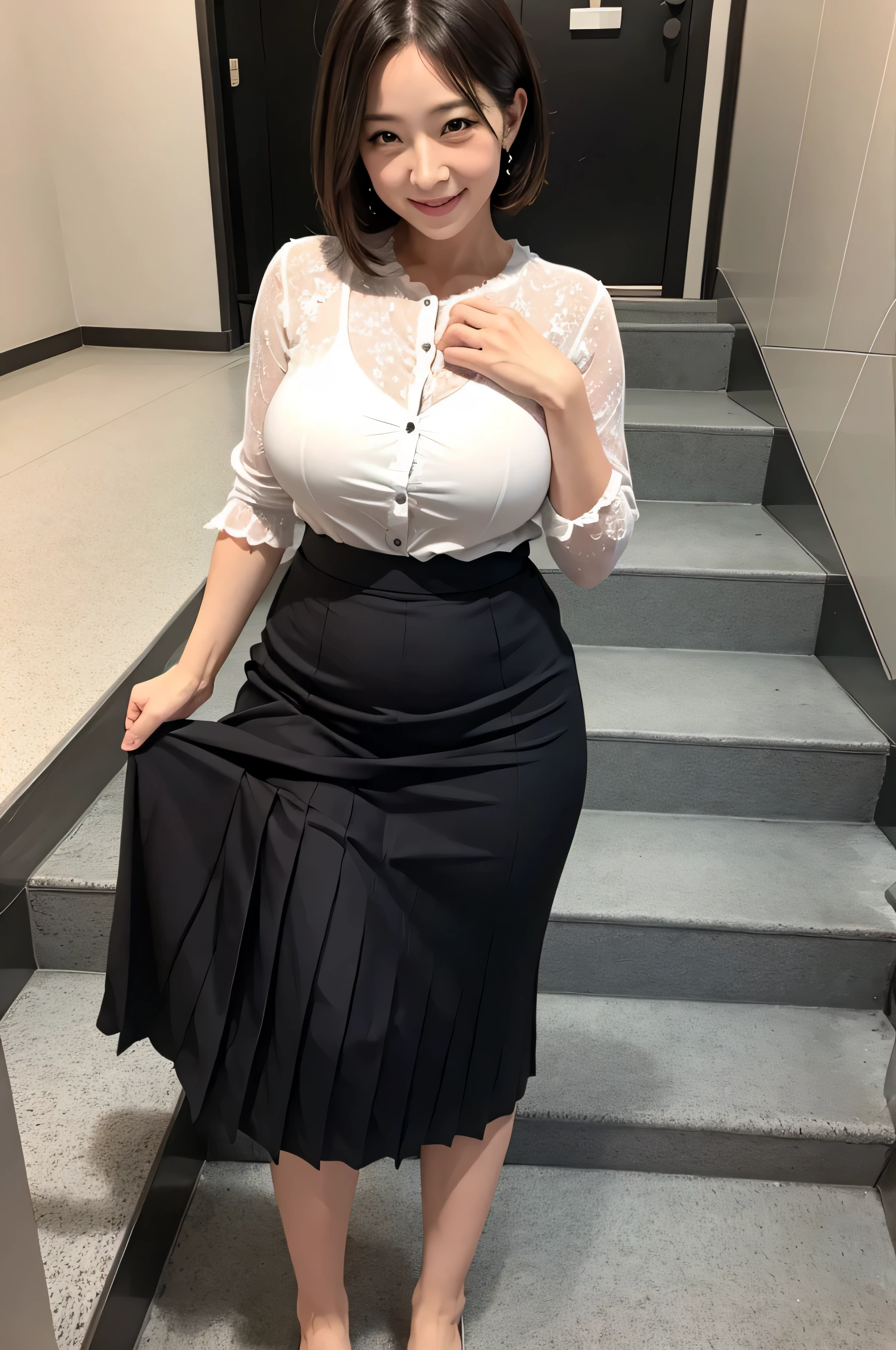 (masutepiece:1.2), High Definition, High quality,(Female, 58 years old:1.1),(facial wrinkles 1.2),Smile,Blouse,skirt by the,Big breasts,(skirt by the lift:1.4), (The panties are in full view:1.2)