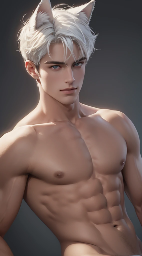 Full body photorealistic 4k, high resolution, best quality, masterpiece, perfect color, perfect shade, perfect lighting, Posted by e621, ((portrait)), ((handsome man)), perfect male figure, Short hair details,chest muscles,abdominal muscles,Naked torso,Detailed face, perfect face, (stood up), Detailed background, ((Bonifasco Lighting)), (delicate eyes),(animal ears),white hair