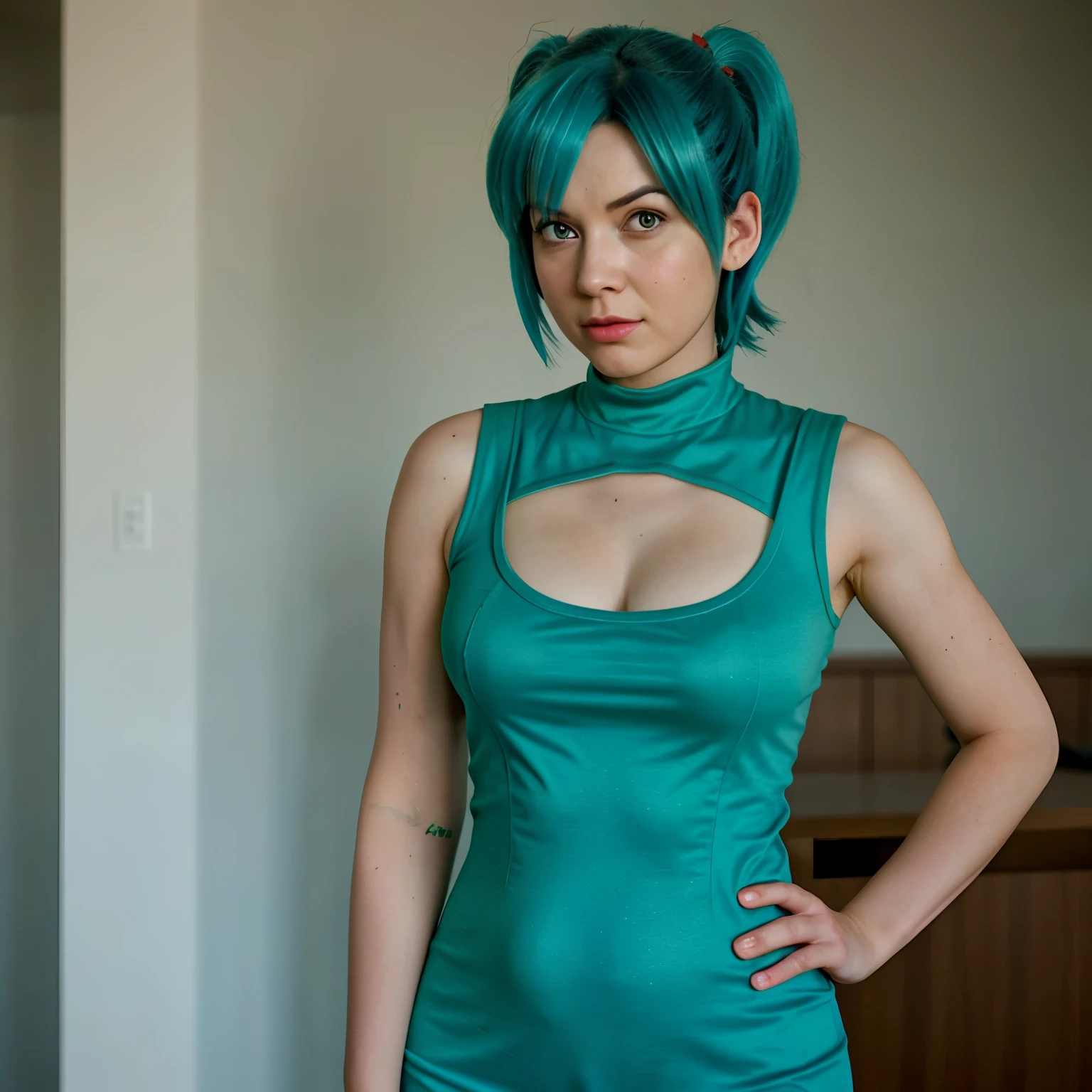 Bulma , real vision, realistic, big , cosplay, live action, dragon Ball bulma