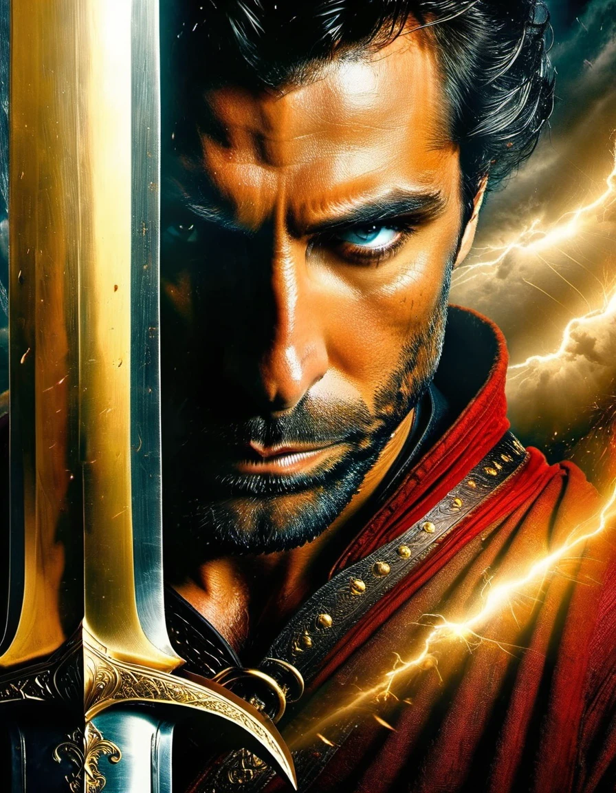 in style of movie poster design, （Man holding a huge sword：1.3），（），(a close-up,high quality,32k),[sword],[knight],[armor],[detail:1.2],(gold),(steel),(sharp),(shiny),(ornate),(intricate),[helmet],(leather gloves),[focused],[determined],[heroic],[stern expression],(medieval),(fantasy),(commanding pose),[elaborate background],(dramatic lighting),(stormy atmosphere),(storm clouds),(majestic),(powerful),(intense),(imposing),(gazing into the distance，)beautiful detailed，
