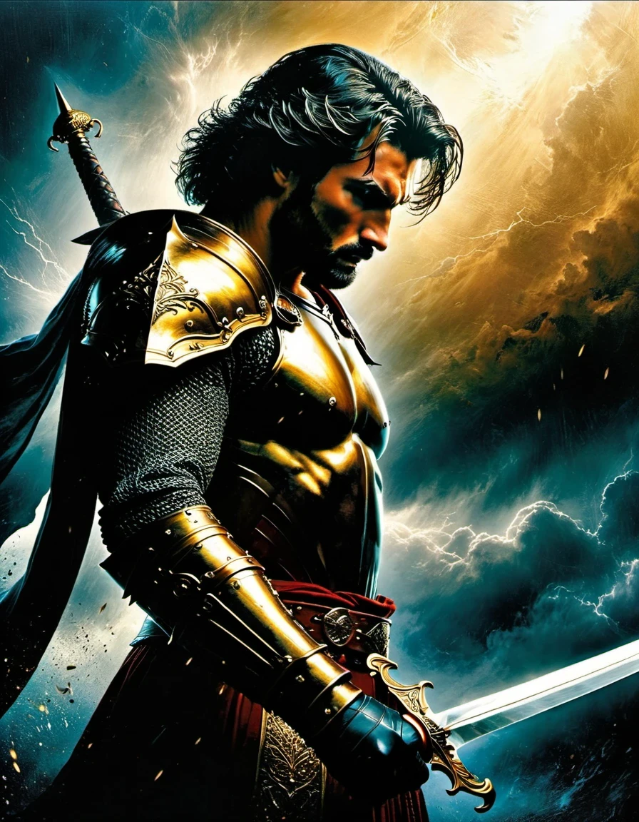 in style of Screenprint,  beautiful detailed，（Man holding a huge sword：1.3），(a close-up,high quality,32k),[sword],[knight],[armor],[detail:1.2],(gold),(steel),(sharp),(shiny),(ornate),(intricate),[helmet],(leather gloves),[focused],[determined],[heroic],[stern expression],(medieval),(fantasy),(commanding pose),[elaborate background],(dramatic lighting),(stormy atmosphere),(storm clouds),(majestic),(powerful),(intense),(imposing),(gazing into the distance，)beautiful detailed，