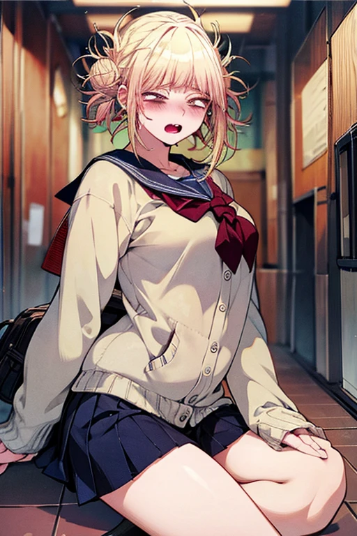 (masterpiece:1.2, highest quality), (Realistic, photoRealistic:1.4), Beautiful illustrations, (Natural Side Lighting, Cinema Lighting), 
avert your eyes, look down, (Face Focus, Extreme Close-up), 1 girl, Japanese, high school girl, Perfect Face, (Perfect Anatomy), Cute and symmetrical face, Shiny skin, 
(Blonde), Asymmetrical bangs, Dark red eyes, Long Eyelashes, (Medium chest, Captivating thighs, Big Ass), 
Beautiful Hair, Beautiful Face, Beautiful fine details, Beautiful clavicle, Beautiful body, Beautiful breasts, Beautiful thighs, Beautiful feet, 
((Very detailed costume, White collared shirt, navy pleated skirt, Dark red bow tie)), Navy School Bag, 
(Beautiful views), Depth of written boundary, evening, (School corridor), Head Down, (Are crying, tears, close your eyes, Open your mouth),