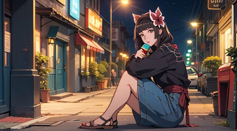 ((最high quality)), ((masterpiece)), (Detailed:1.4),((Full Body)),Enhanced Dynamic Perspective,(Beautiful and sexy girl,Big red flower hair ornament、summer,Denim long skirt,sitting in a street coffee shop,Drink coffee),bitter,City streets,egg-shaped building,((side)),Street Photography,Bright colors,Night Scenery,high quality,Ultra-fine,Accurate,Cinema Lighting,tukimichi_spider