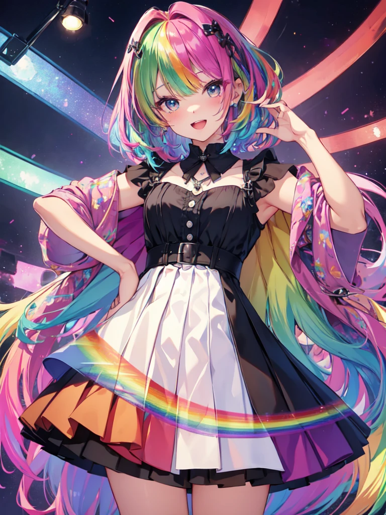 （8K、highest quality、Mastepiece:1.2）、Ultra-high resolution、1 -yeld fee、Ultra detailed face、Detailed eyes、Open Mouth、Laughter、((Pastel Rainbow Hair))、Asymmetrical bangs above eyebrows、short hair、BREAK 、((a-line dress))、Box Pleated Skirt、BREAK、(Rainbow Light:1.4)、
