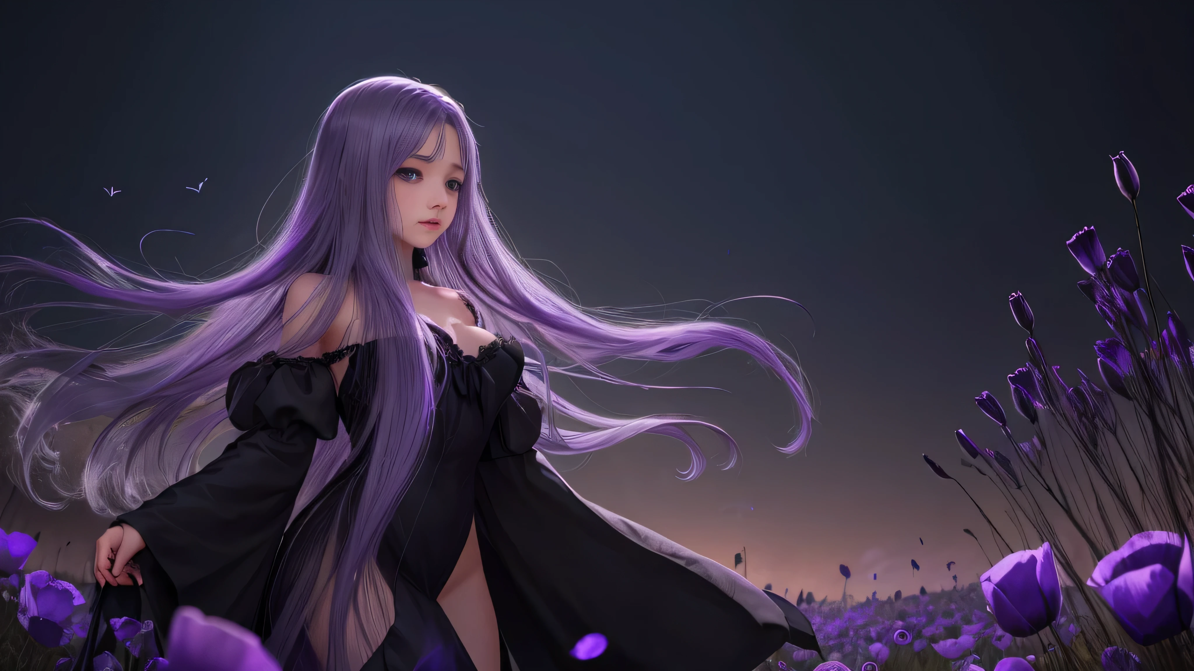 here is a full size siluette, transparent figure of the naked dark shadow ghost of a beautiful silver hair women with purple shining eyes and beautiful face dressed only in thin vail stand in the middle of the fields filled with purple poppies inviting someone by reacing her graceful hand, dark crescent moon shine behind her, illustration, high quality realistic anime art, beautiful spectral women,transparent ghost girl with cute face, purple aura around the ghost body, Lot of ilusorik batterflys fly around the women, full size body, realistic high quality face, high quality seductine face expression, 4k best quality, masterpiece, best quality 4k wallpapers
