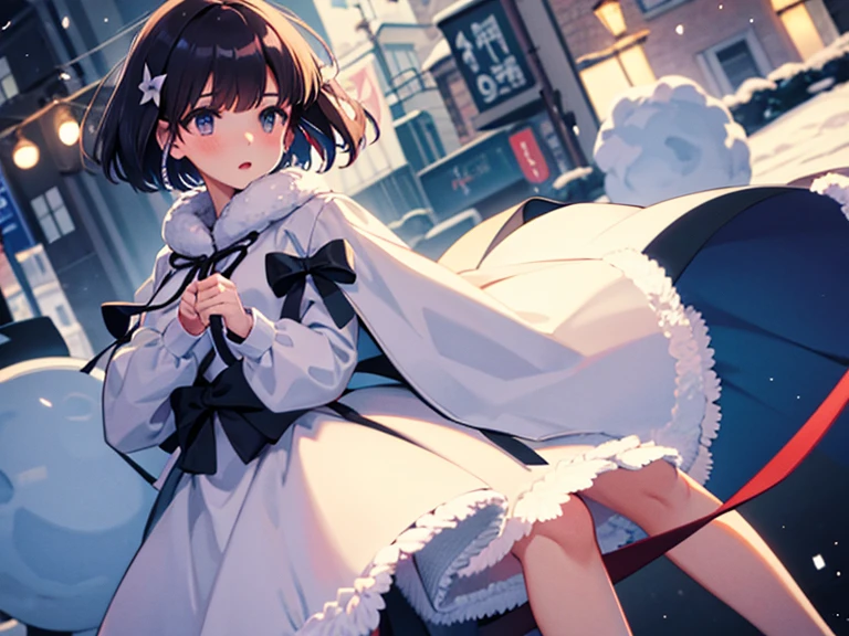 girl，short hair，Second dimension beautiful girl，Using a bow，Fluffy coat，Snow Scene