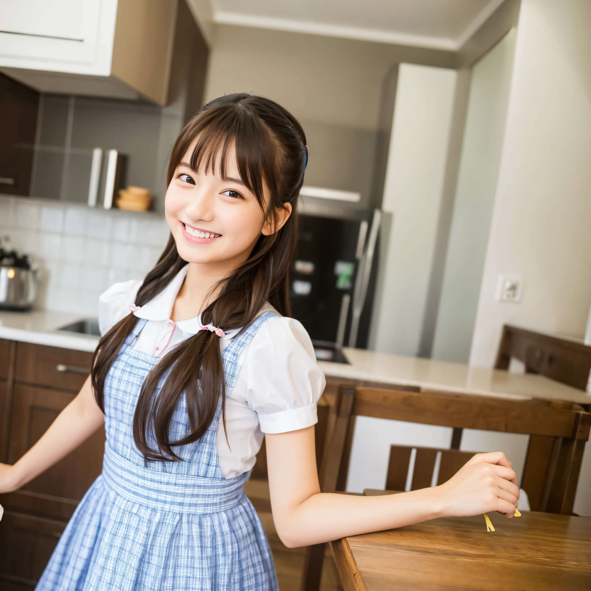 Ultra High Resolution, (Realistic: 1.4), RAW Photo, Best Quality, (Photorealistic), Focus, Soft Light, (()), ((Japanese)), (Front, Young Face))), (Depth of Field), (One Piece), Masterpiece, (Photoreal), Woman, Bangs, (( apron, burst out laughing, 1 Girl))