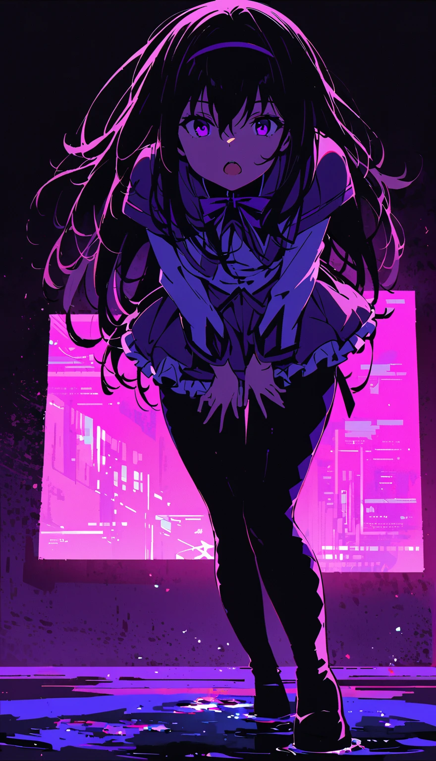 (highest quality:1.2),One girl,alone,homu，Magical Girl Clothes，boots，Purple eyes,Long Hair,Black Hair,bangs，Hair between the eyes,pixelated background,Neon Light,SF color scheme,Vibrant colors,Metallic texture,detailed shading,Holographic interface,Dark atmosphere,High Contrast,Sharp focus,twig of hair,Reflective surface,Exquisite detail,High resolution,Studio Lighting,Illuminated surroundings,Thick thighs,Beautiful Eyes, Beautiful background, beautiful and detailed body,Fine grain,classroom,Table Sex,Groin friction,Masturbation,A puddle of pussy juice,From below,Moaning,Open your mouth,arm_support,(Leaning forward:1.5),