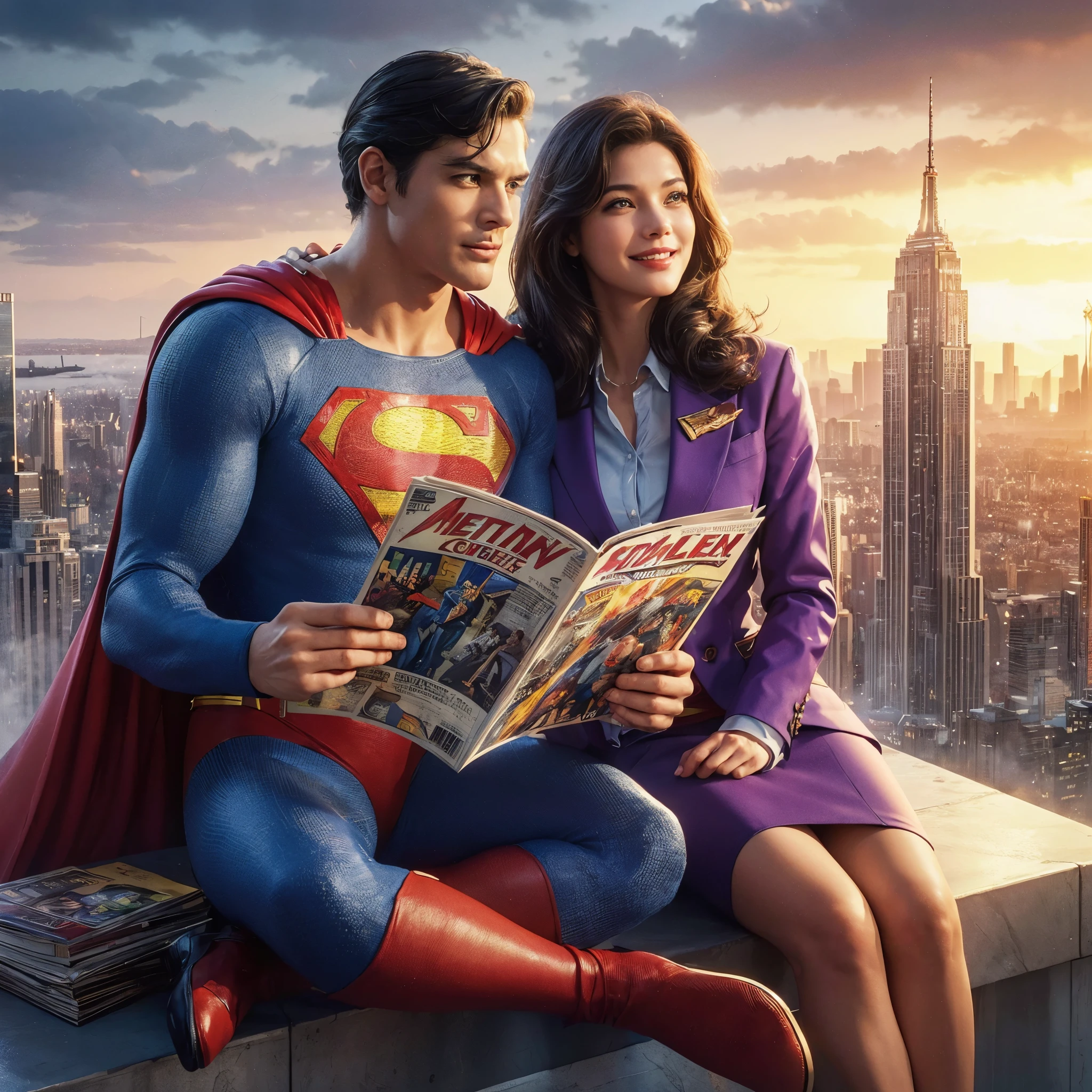 ((very sharp photo result & detailed face)) (((textile shading))), (((Best Quality))), (((masterpiece))), (((hyper realistic photo))) cinematic 3d illustration Superman with classic comic costume & reporter lois lane with straight long hair & purple blazer, are smiling & sitting at the top of the highest building while they are together reading classic action comics #1 comic book, majesty pose, serene background dramatic sky, flare cloud & metropolis cityscape,4K, perfect