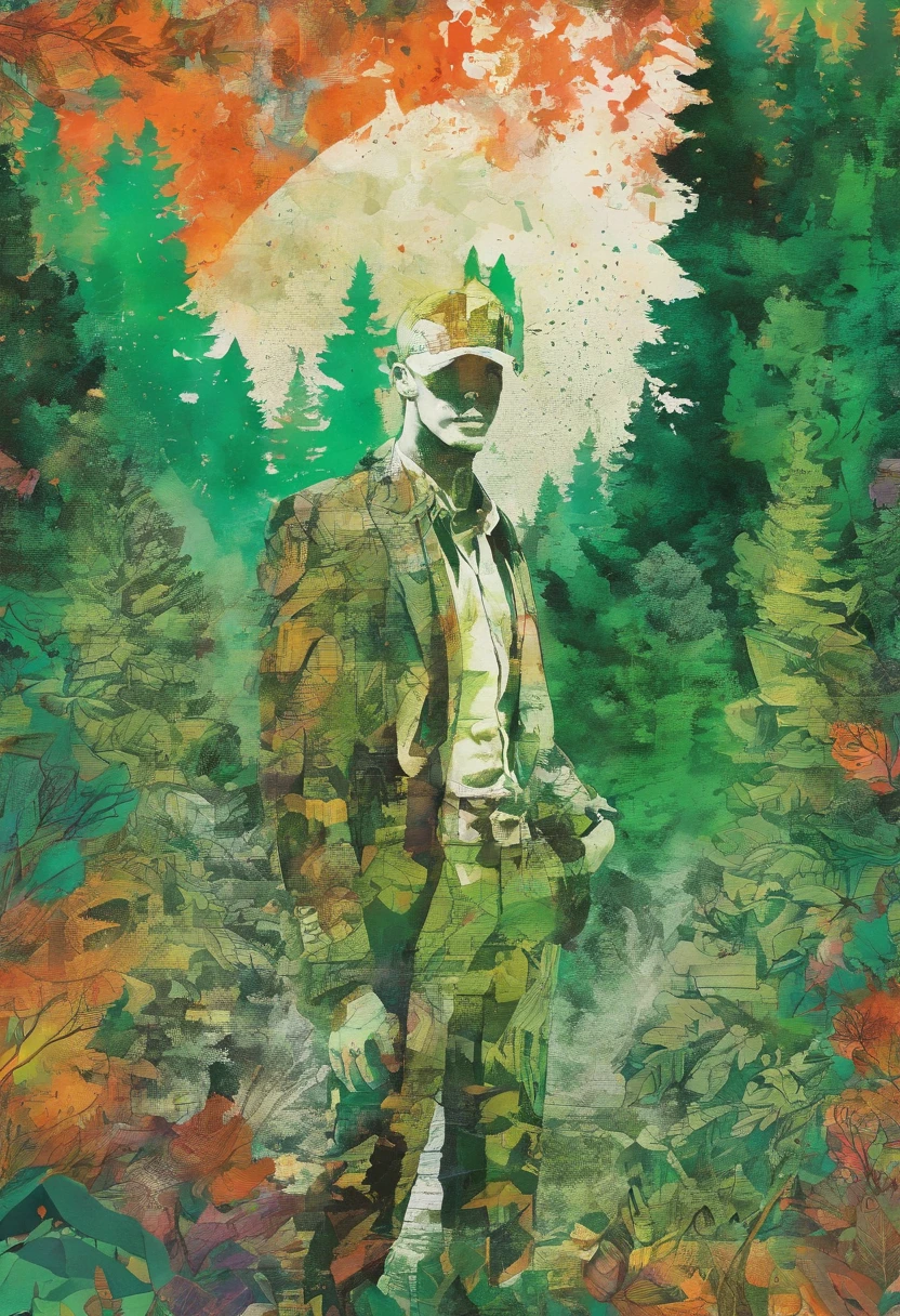 conquering man, posture agressive, regard envieux, green forest background ::2 colorful ink painting ::2 art fantasy