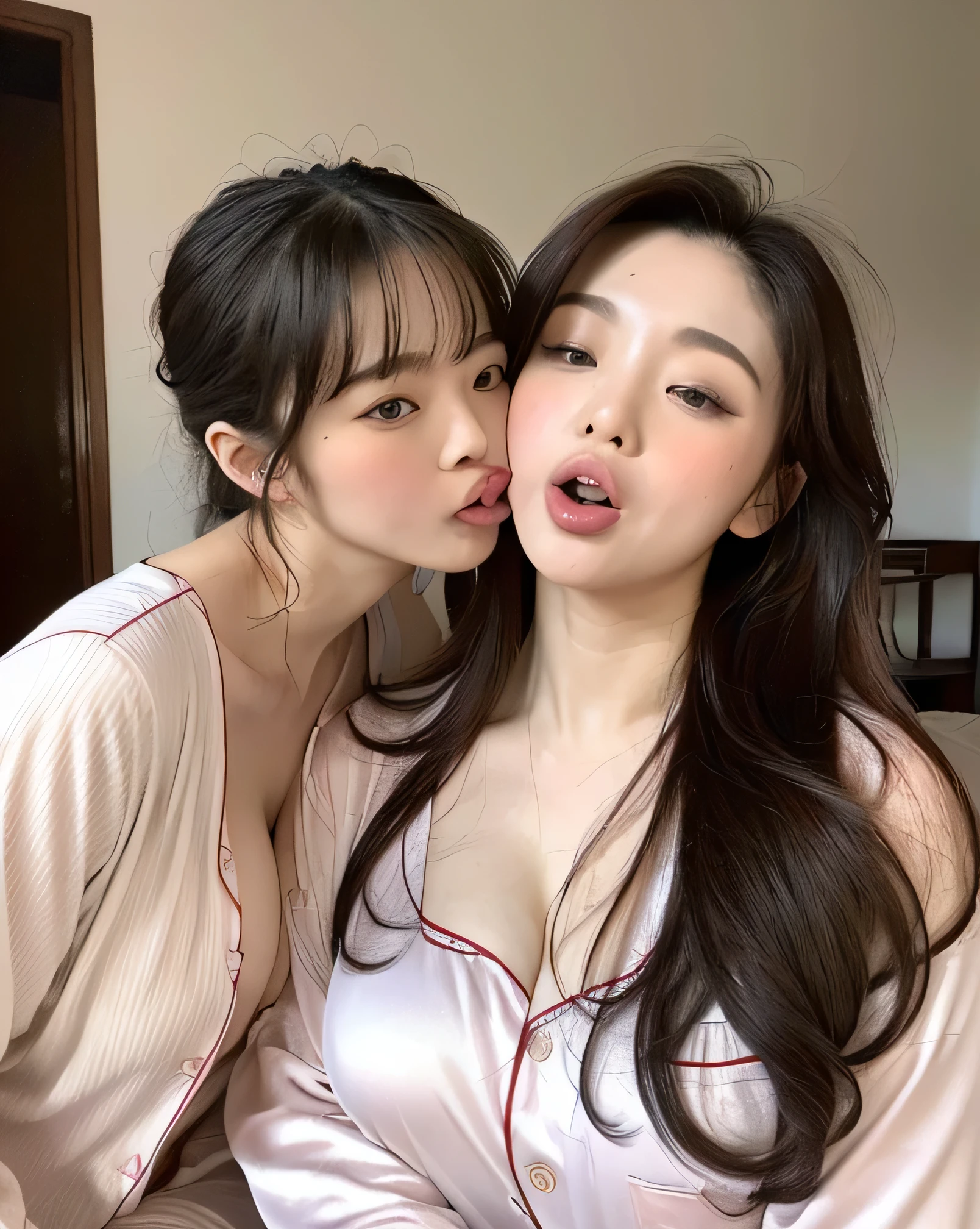 (masterpiece、highest quality、High resolution)、(Skin Details、Facial detailasterpiece、NSFW、(Extremely overweight Japanese woman in pajamas kisses man)、Fully nude、Sticking out tongues and licking each other