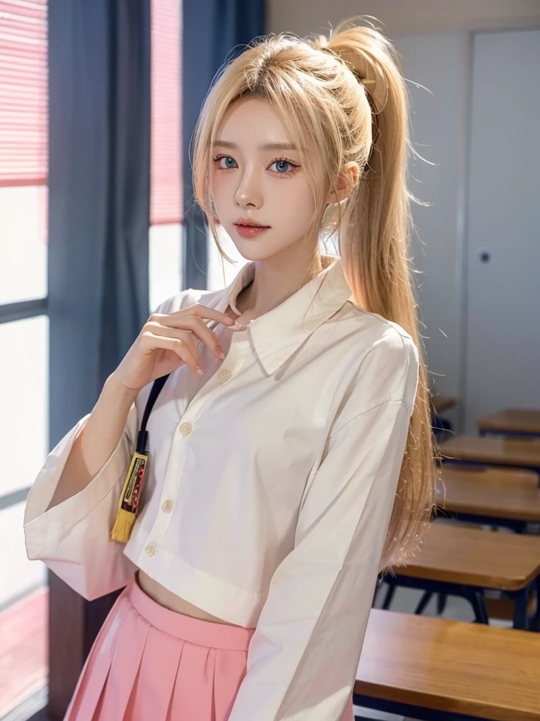 SFW picture, a Japanese high school student, 17 year old, long blonde hair in a ponytail, blue eyes, , white collared shirt, white button-up shirt, short-sleeved shirt, long pink skirt, smiling sweetly, Standing pose, in classroom, 8k, ultra hd, ultra detail, full body photos, tucked her clothes into her skirt, not showing her stomach