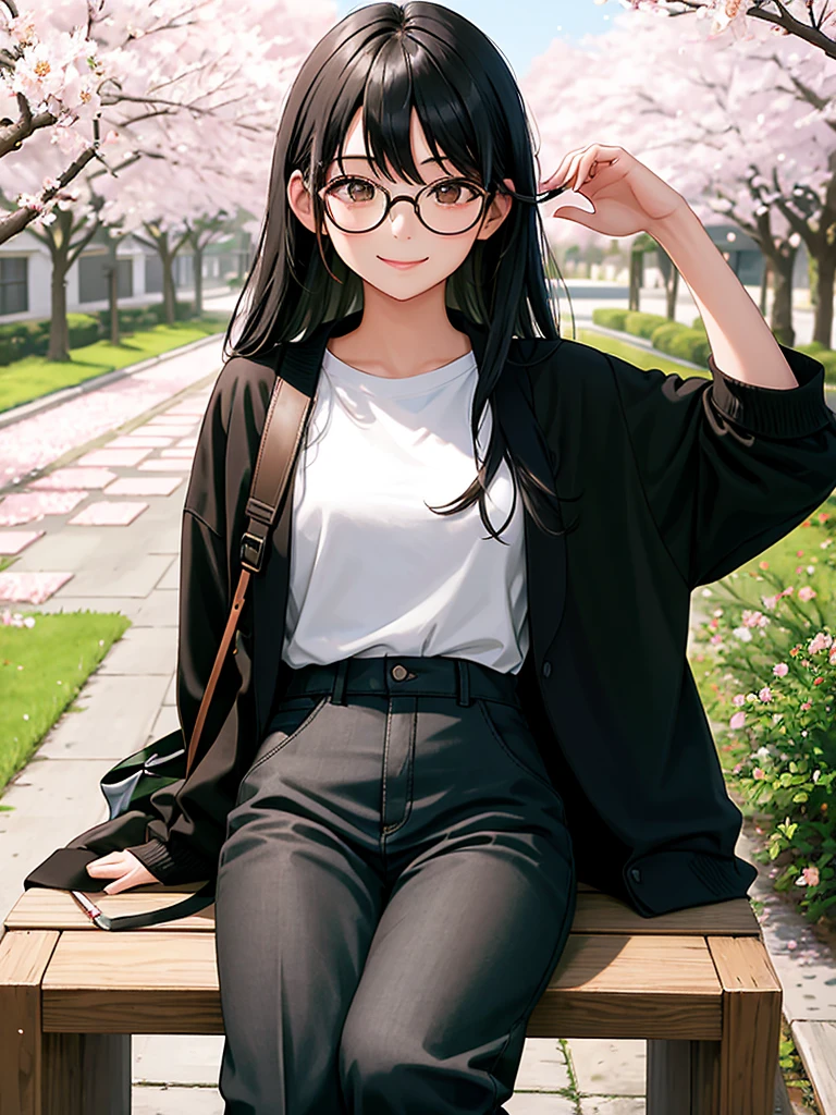 masterpiece, 1girl, aesthetic, black hair, brown eyes, black t-shirt, green jacket, long pants, long hair, straight hair, glasses, hair decoration, headphones, sling bag, black bag, garden background, cherry blossom tree, spring, sitting on a garden chair, looks at viewer, smiles