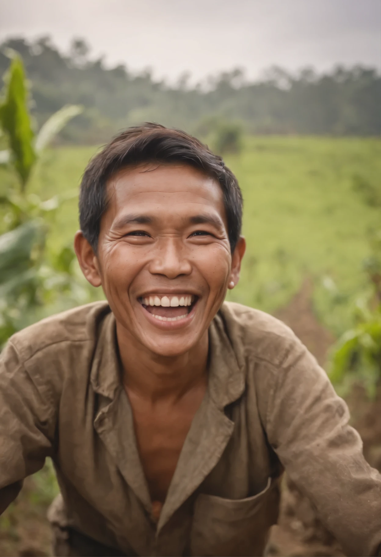Indonesian farmer expressing extreme joy and happiness. Detailed