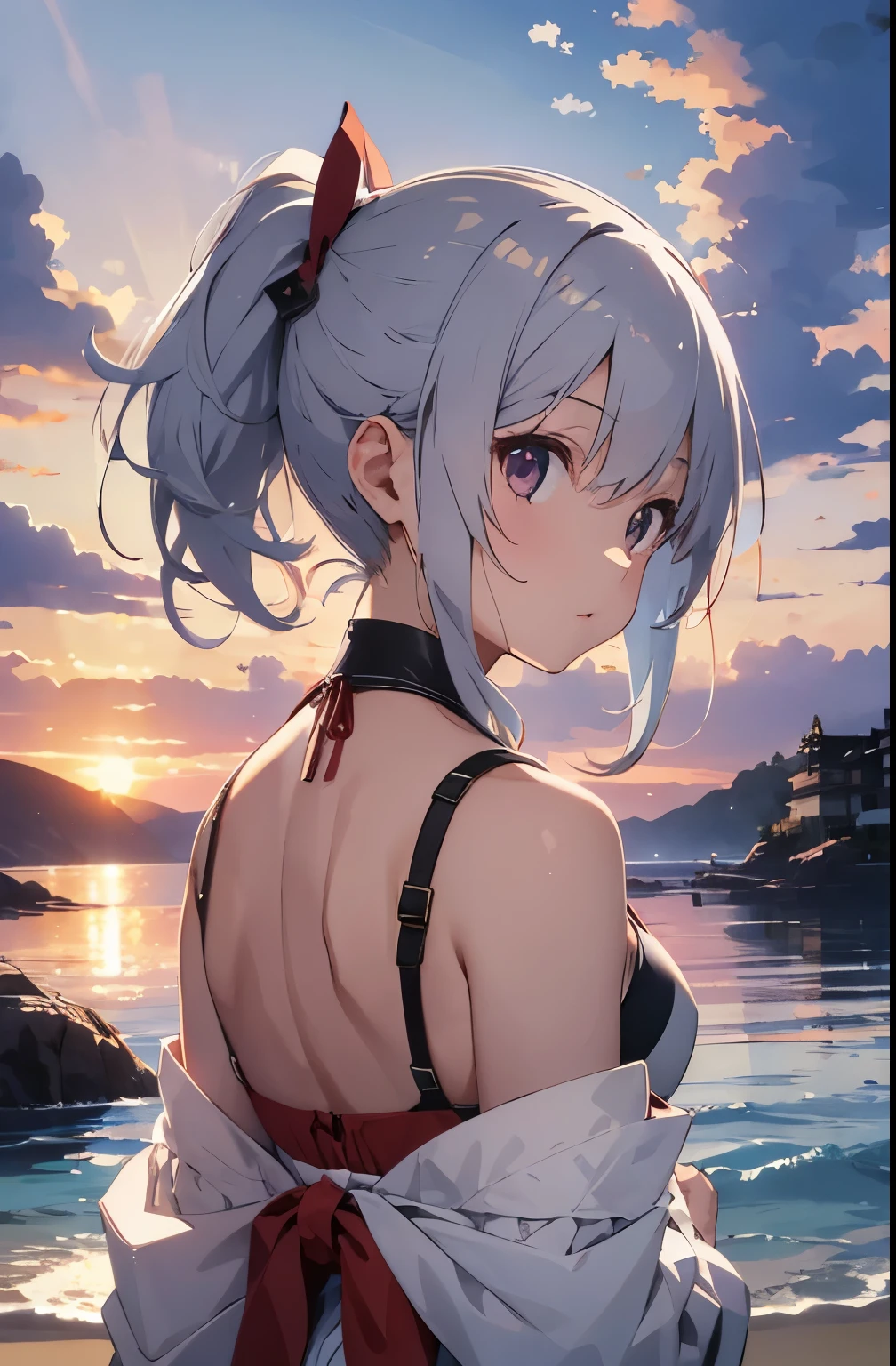 Japanese anime style,Silver Hair、Ponytail Hair、A young girl stands on a deserted white sand beach, Red Bikini、Red Bikiniを着ている,There is a beautiful sunset in the background, The sky and sea colored by the setting sun、The girl has a relaxed look, Capture the calm and tranquil atmosphere of a beach evening、Beautiful fingers,Beautiful Hands,Point first,nail,arms behind back
Seaweed、Seaweed、Seaweed、Seaweed、Seaweed、Seaweed、