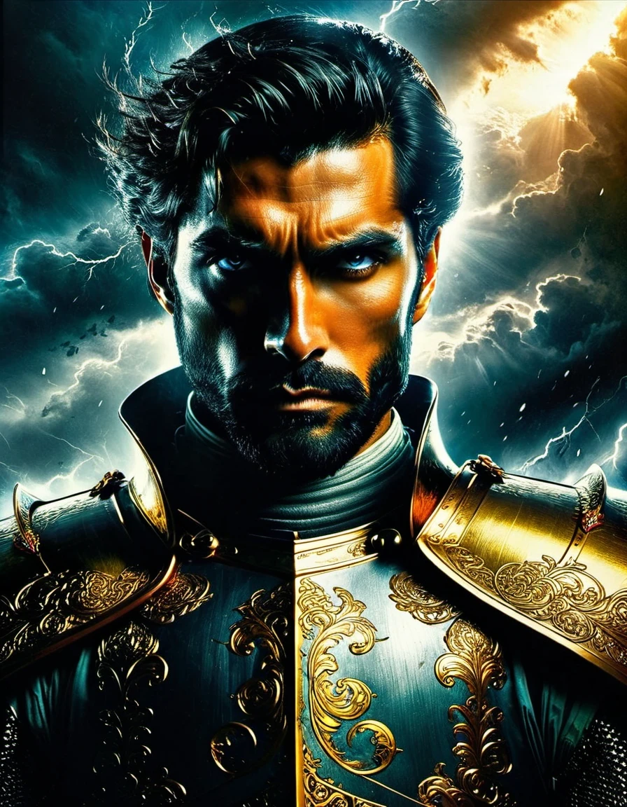 in style of Screenprint,  beautiful detailed，（The Man with the Great Sword：1.3），（Great Sword：1.2），(a close-up,high quality,32k),[sword],[knight],[armor],[detail:1.2],(gold),(steel),(sharp),(shiny),(ornate),(intricate),[helmet],(leather gloves),[focused],[determined],[heroic],[stern expression],(medieval),(fantasy),(commanding pose),[elaborate background],(dramatic lighting),(stormy atmosphere),(storm clouds),(majestic),(powerful),(intense),(imposing),(gazing into the distance，)beautiful detailed，
