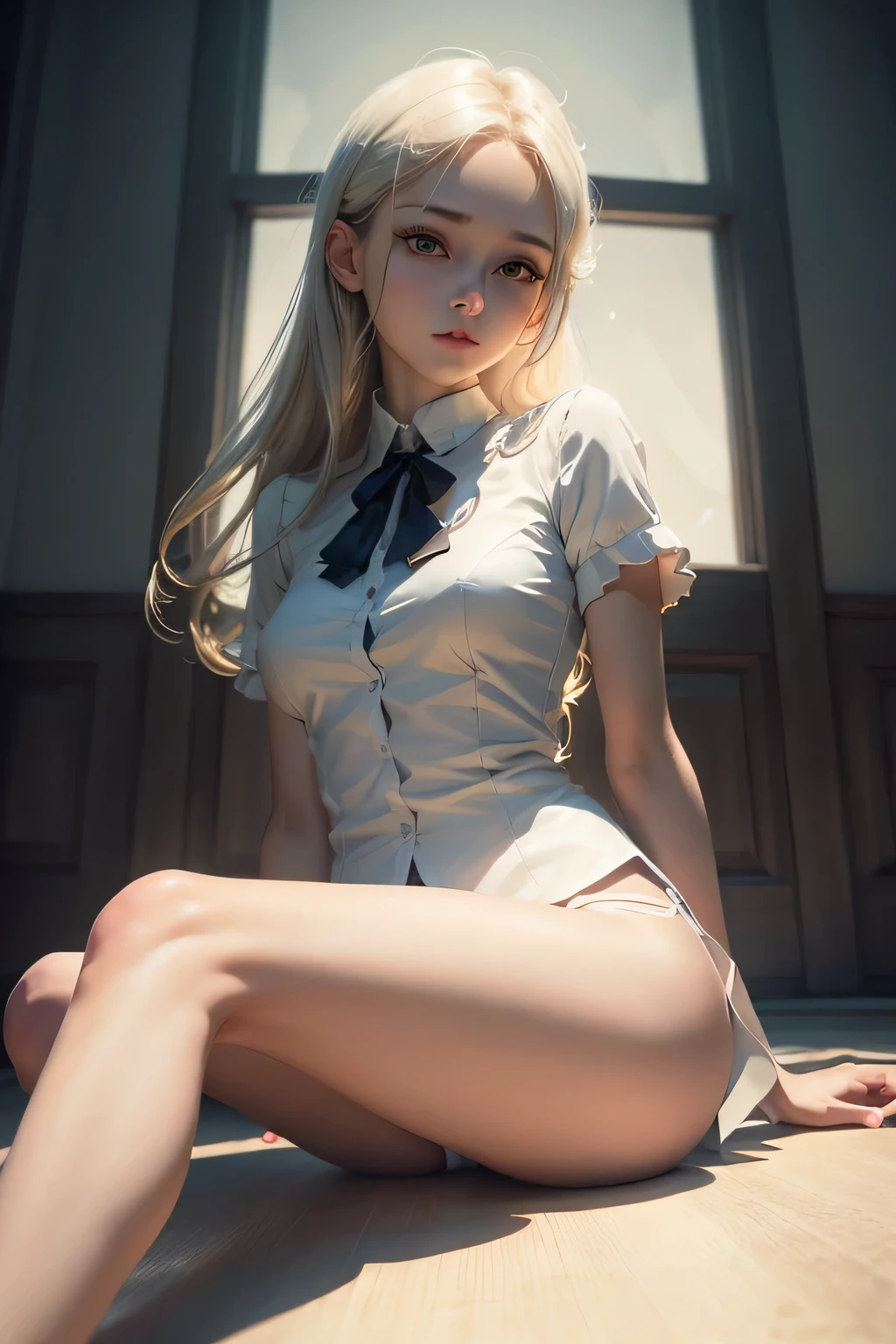 real、long legs、full、feminine、white shirt、mini skirt、high heel,very delicate face,realistic lighting and shading, (Very delicate and beautiful art)1.3, It&#39;s elegant,dramatic shadow、very detailed。high quality、High resolution、16k、RAW、超High resolution、super detail、(very delicate and beautiful)、very detailed、Real Shadows,from below