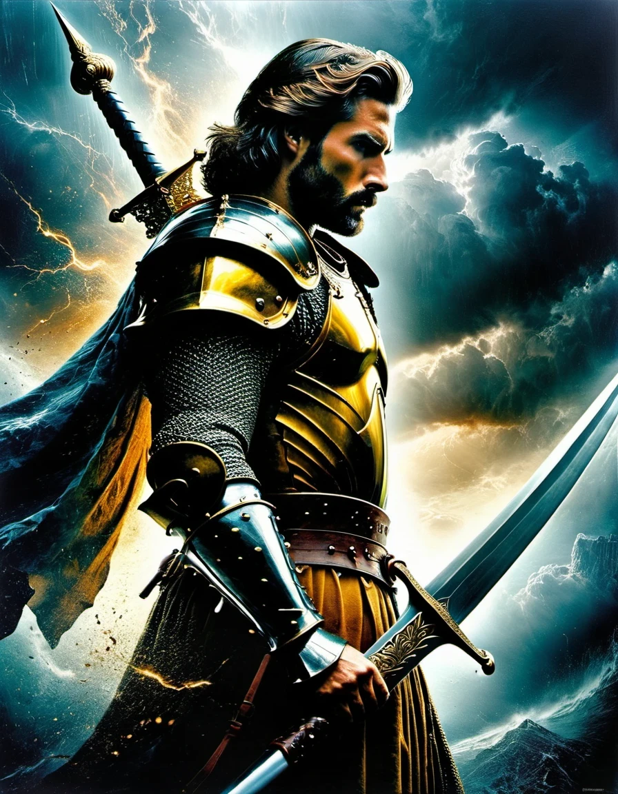in style of Double exposure，in style of Screenprint,  beautiful detailed，（Man holding a huge sword：1.3），(a close-up,high quality,32k),[sword],[knight],[armor],[detail:1.2],(gold),(steel),(sharp),(shiny),(ornate),(intricate),[helmet],(leather gloves),[focused],[determined],[heroic],[stern expression],(medieval),(fantasy),(commanding pose),[elaborate background],(dramatic lighting),(stormy atmosphere),(storm clouds),(majestic),(powerful),(intense),(imposing),(gazing into the distance，)beautiful detailed，