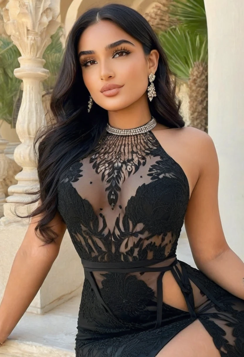 (best high quality:1.2), 8k, extremely detailed, (High detail:1.2), ((perfect anatomy)), (Hotlexi woman), Solo, 24 year old Arabian female, ((black luxury dress)),